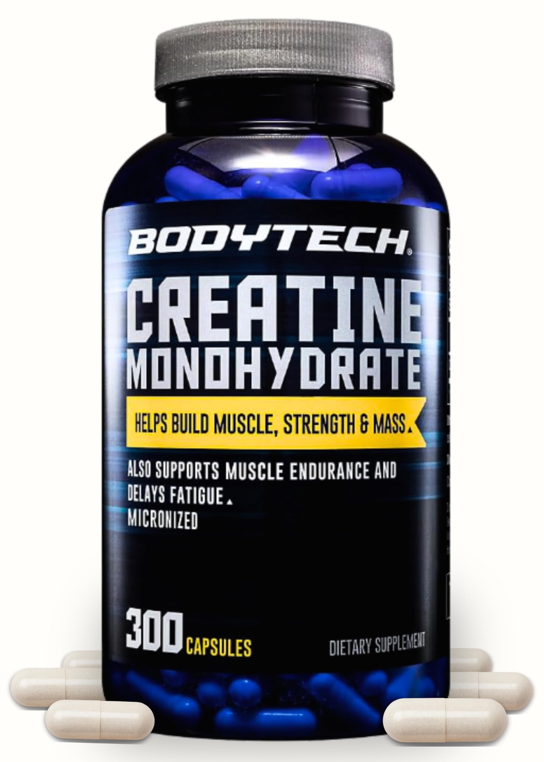 BodyTech envase frontal mostrando 300 cápsulas y beneficio conveniencia