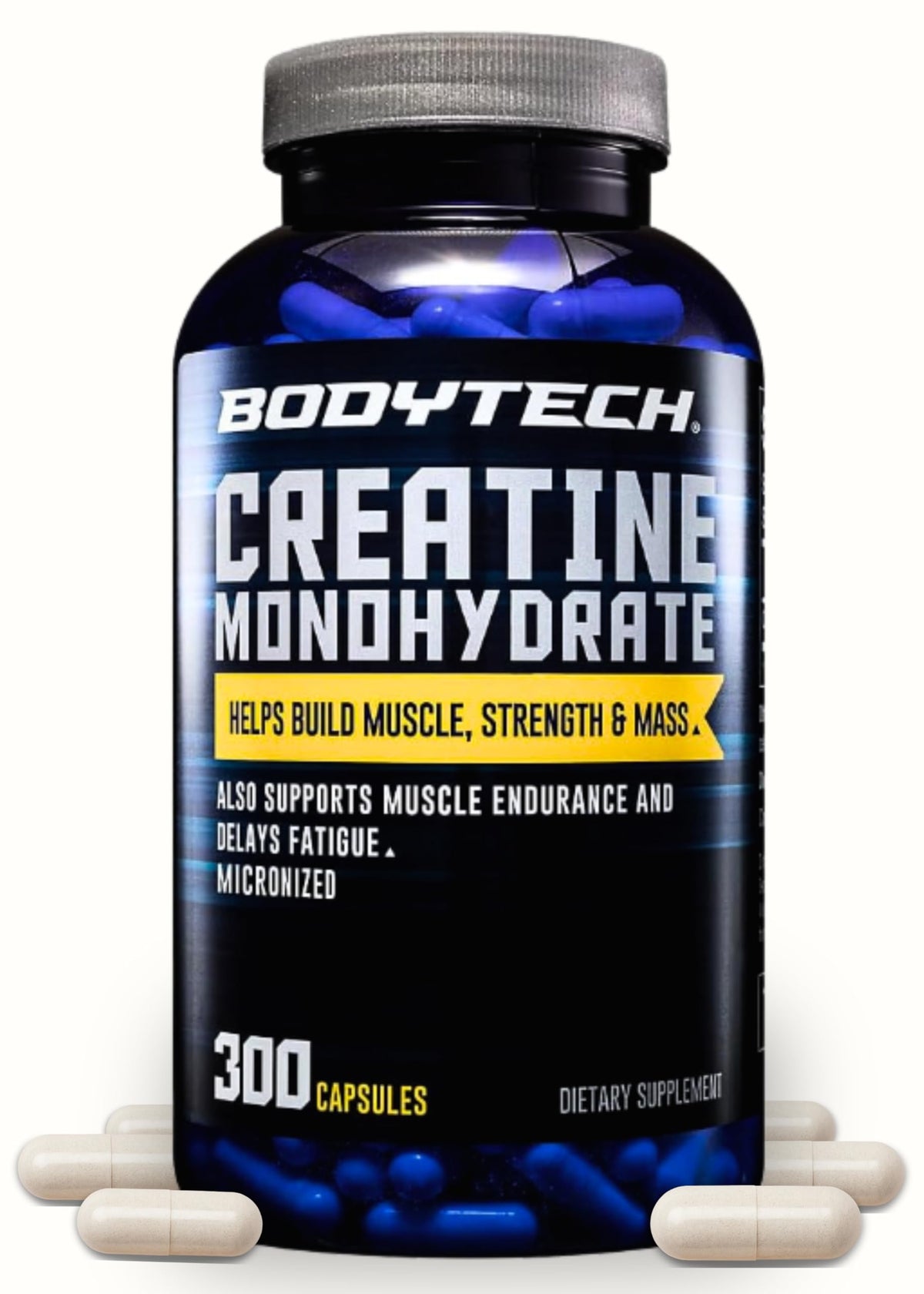 BodyTech envase frontal mostrando 300 cápsulas y beneficio conveniencia