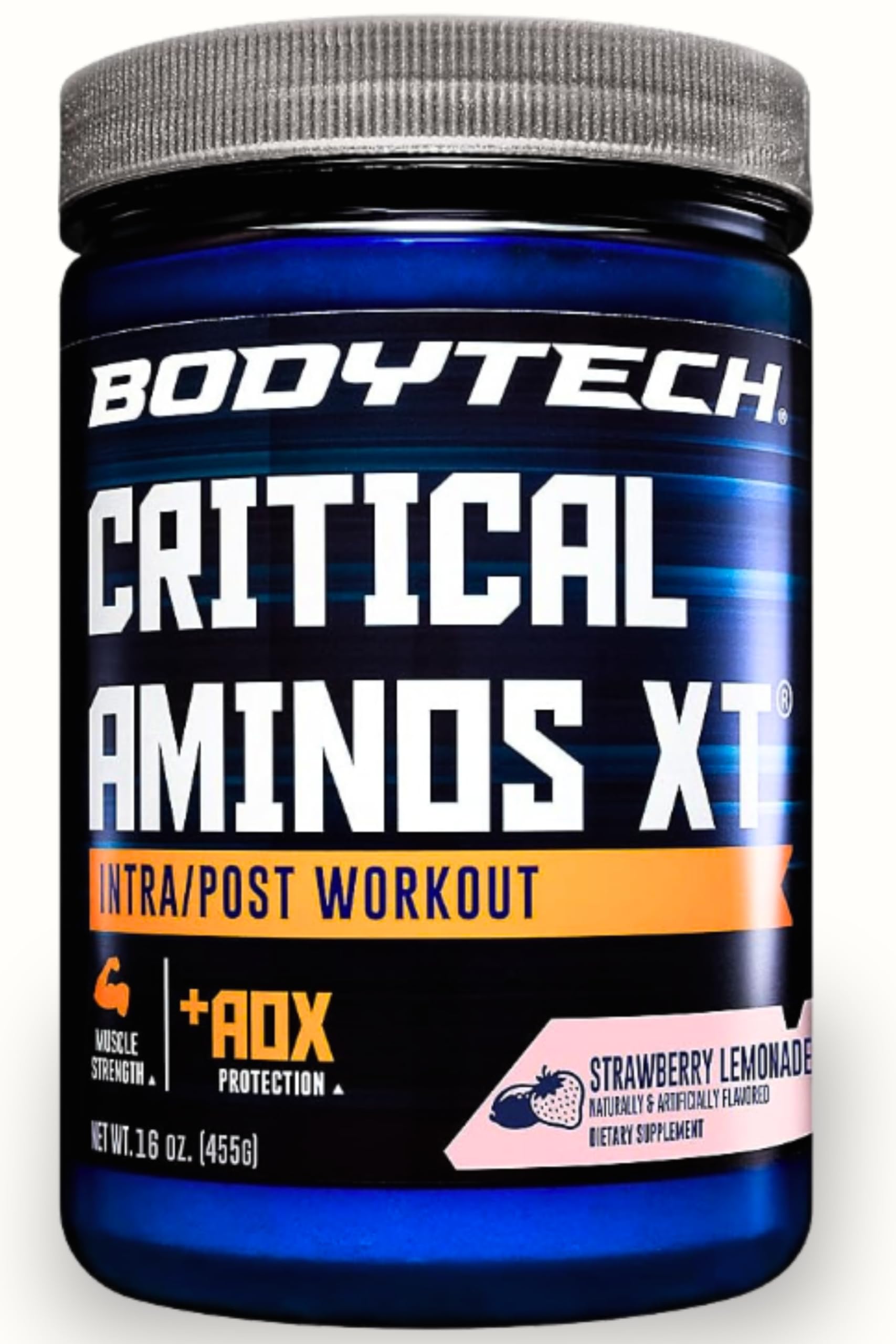 BodyTech envase frente sabor fresa limonada mostrando etiqueta clara y práctica