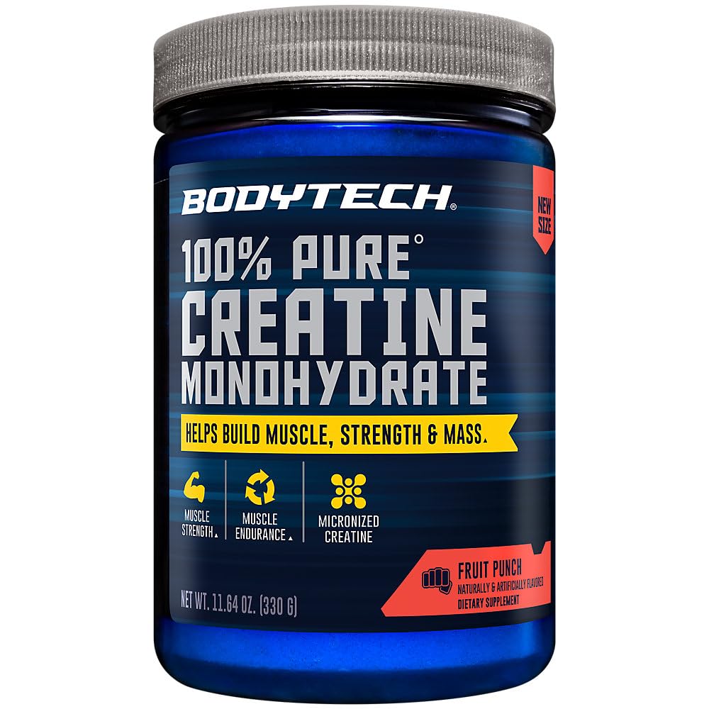 BodyTech frasco frontal que muestra el tamaño y sabor Fruit Punch, práctico para entrenamientos
