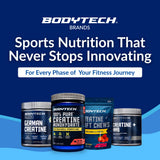 Escena en gimnasio con atleta usando BodyTech creatina antes de una serie intensa