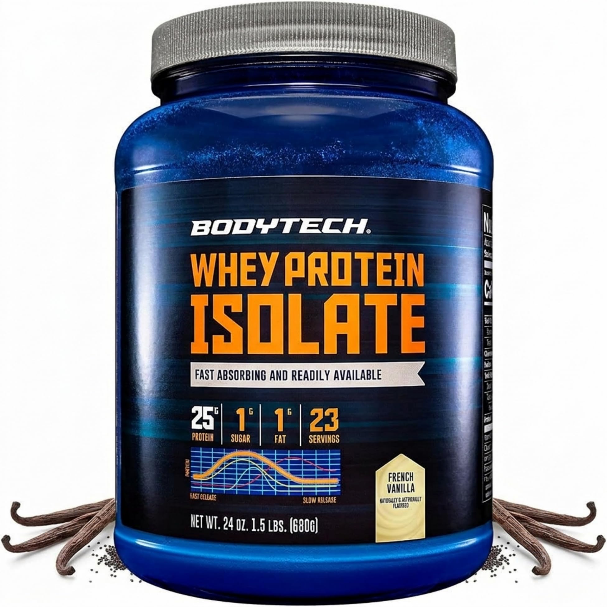 Envase BodyTech Whey Protein Isolate French Vanilla, presentación clara y profesional