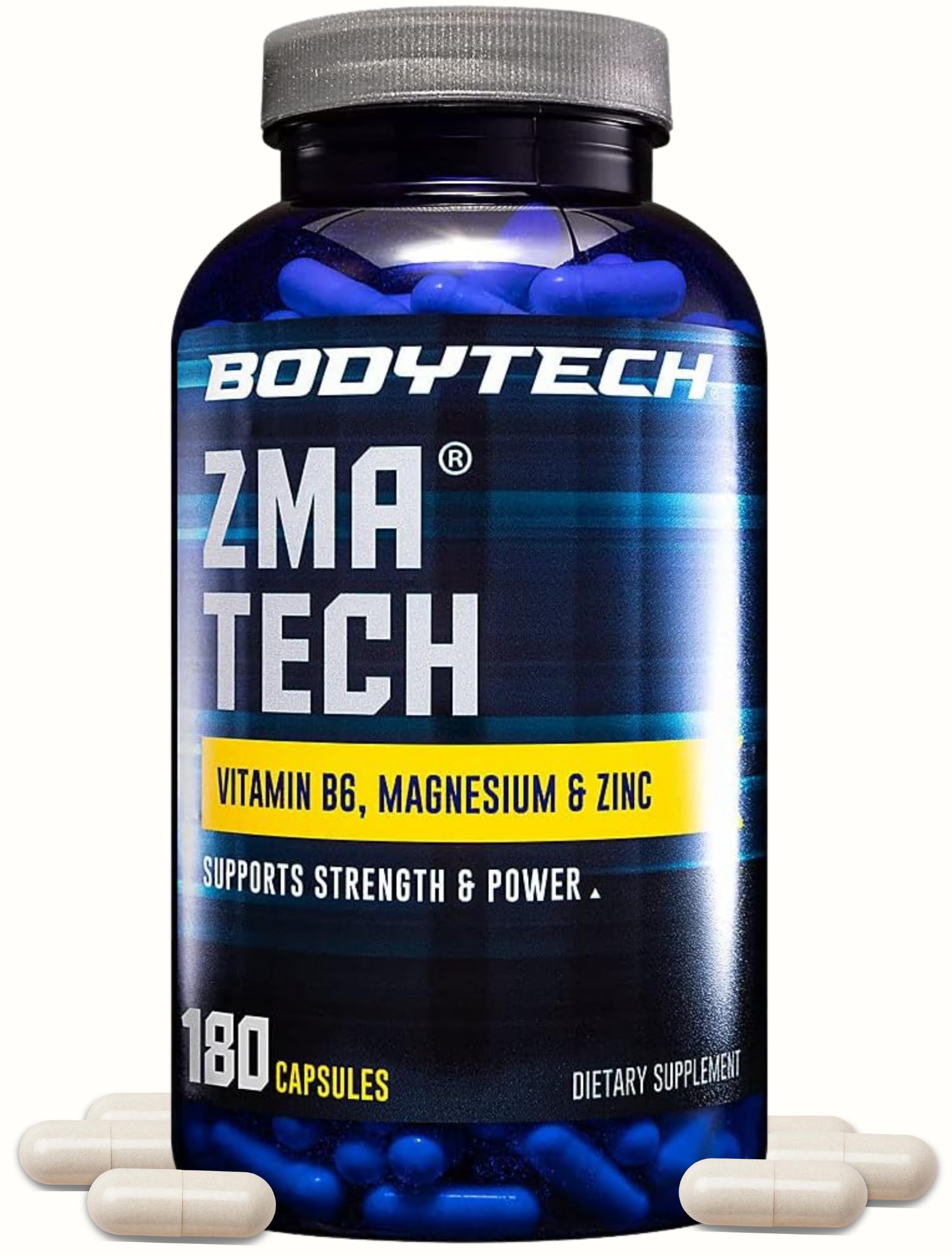 BodyTech ZMA Tech frontal del frasco mostrando el envase y beneficio de suministro prolongado
