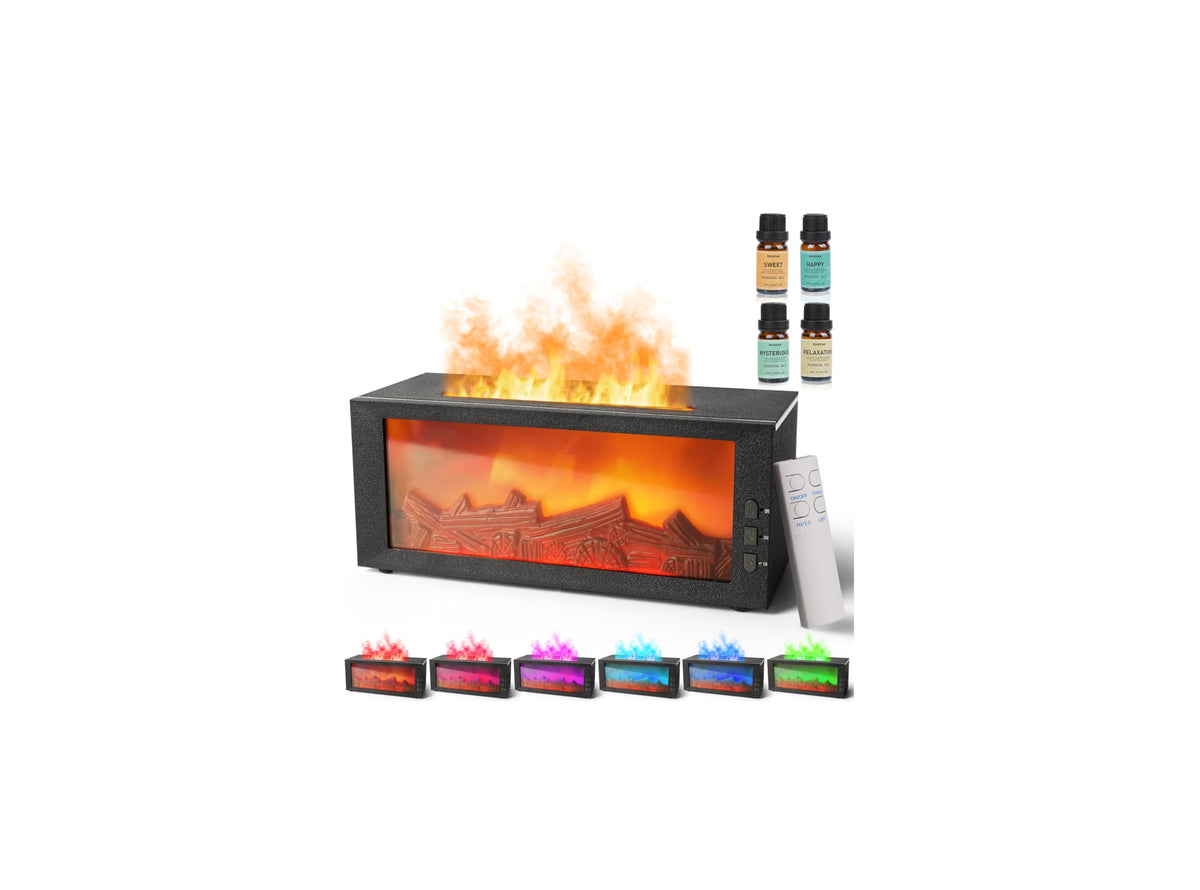 BOHOFAM difusor frontal estilo chimenea mostrando luz cálida y diseño compacto