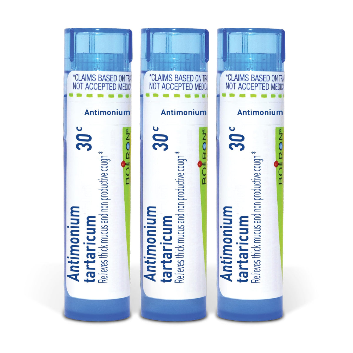 Boiron Antimonium Tartaricum frasco frontal mostrando etiqueta y beneficios