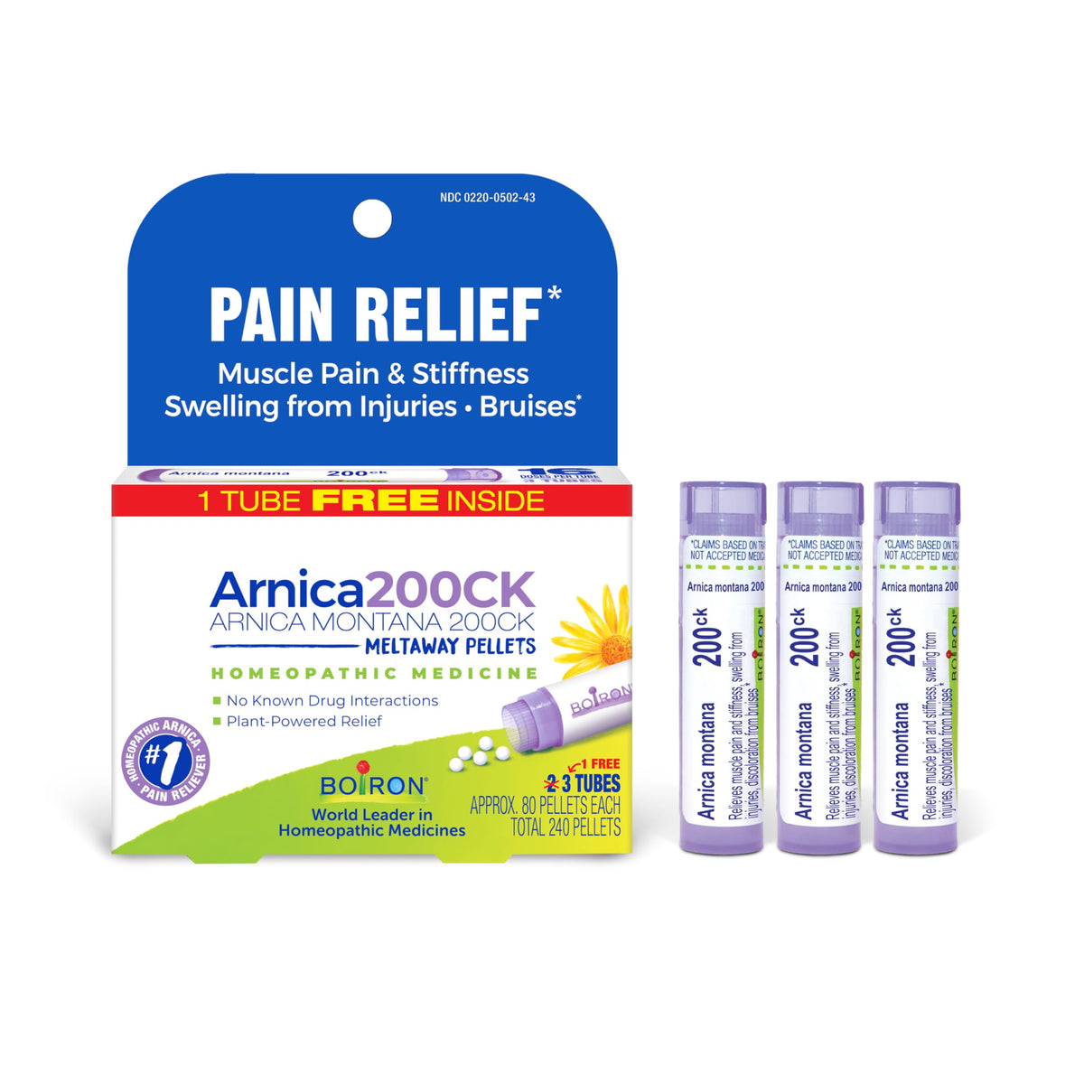Boiron Arnica frente del empaque mostrando el paquete de tres tubos y beneficios