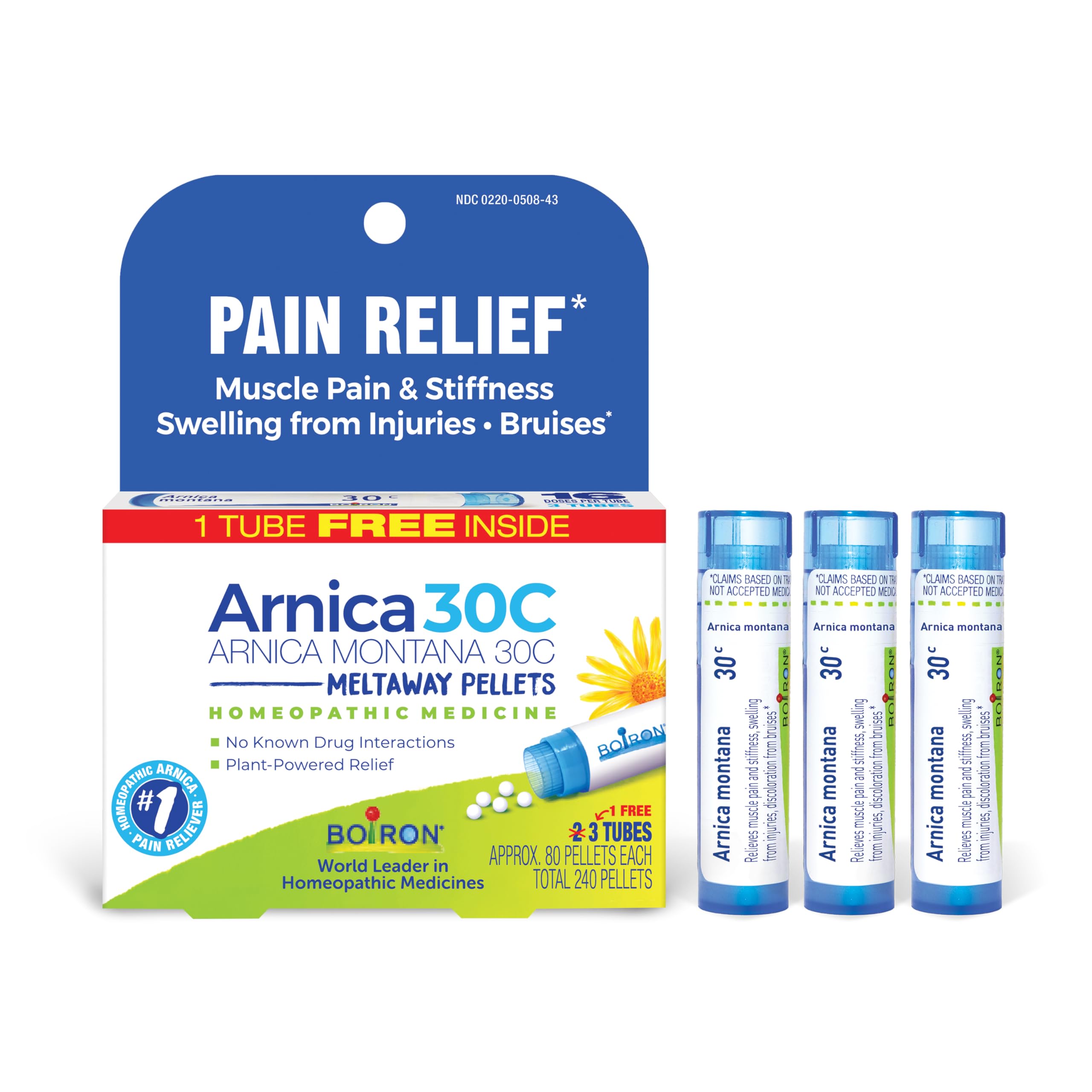 Boiron Arnica Montana frente del empaque mostrando la marca y beneficios rápidos
