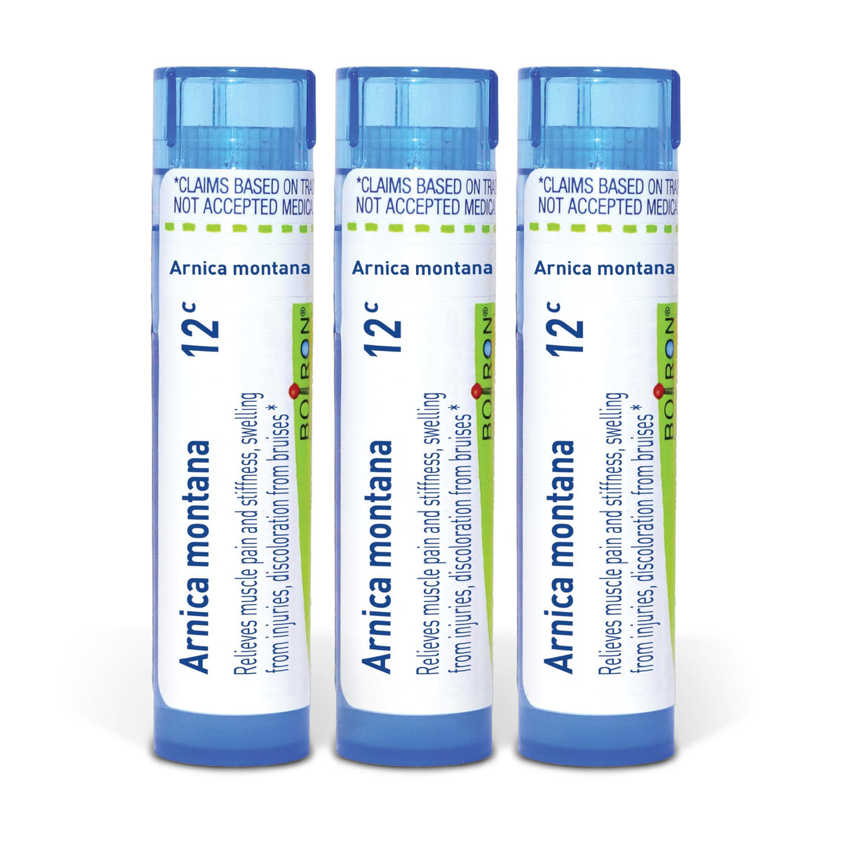 Boiron Arnica Montana frente del envase mostrando paquete y beneficio portátil