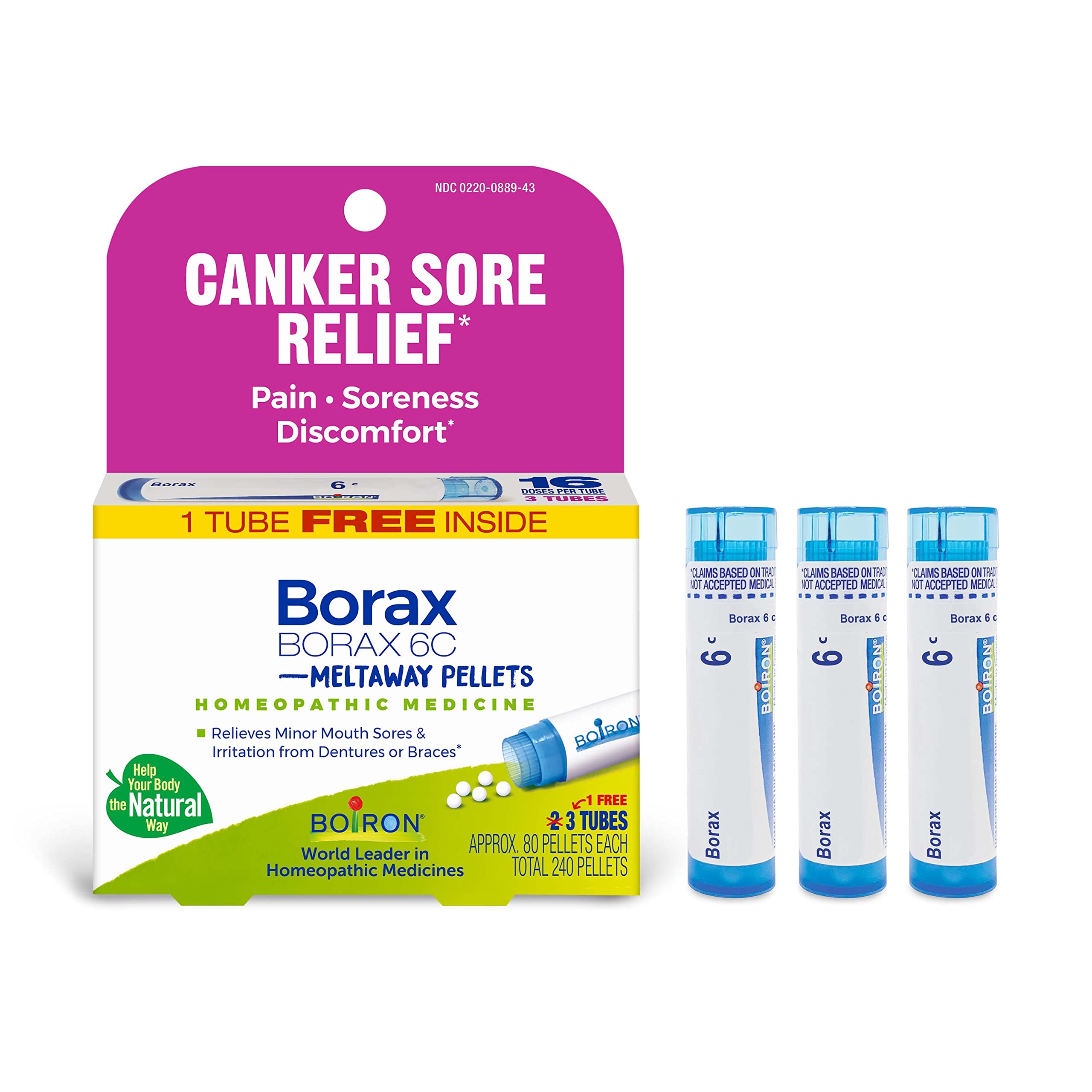 Boiron Borax frente del empaque mostrando el producto y su beneficio portátil