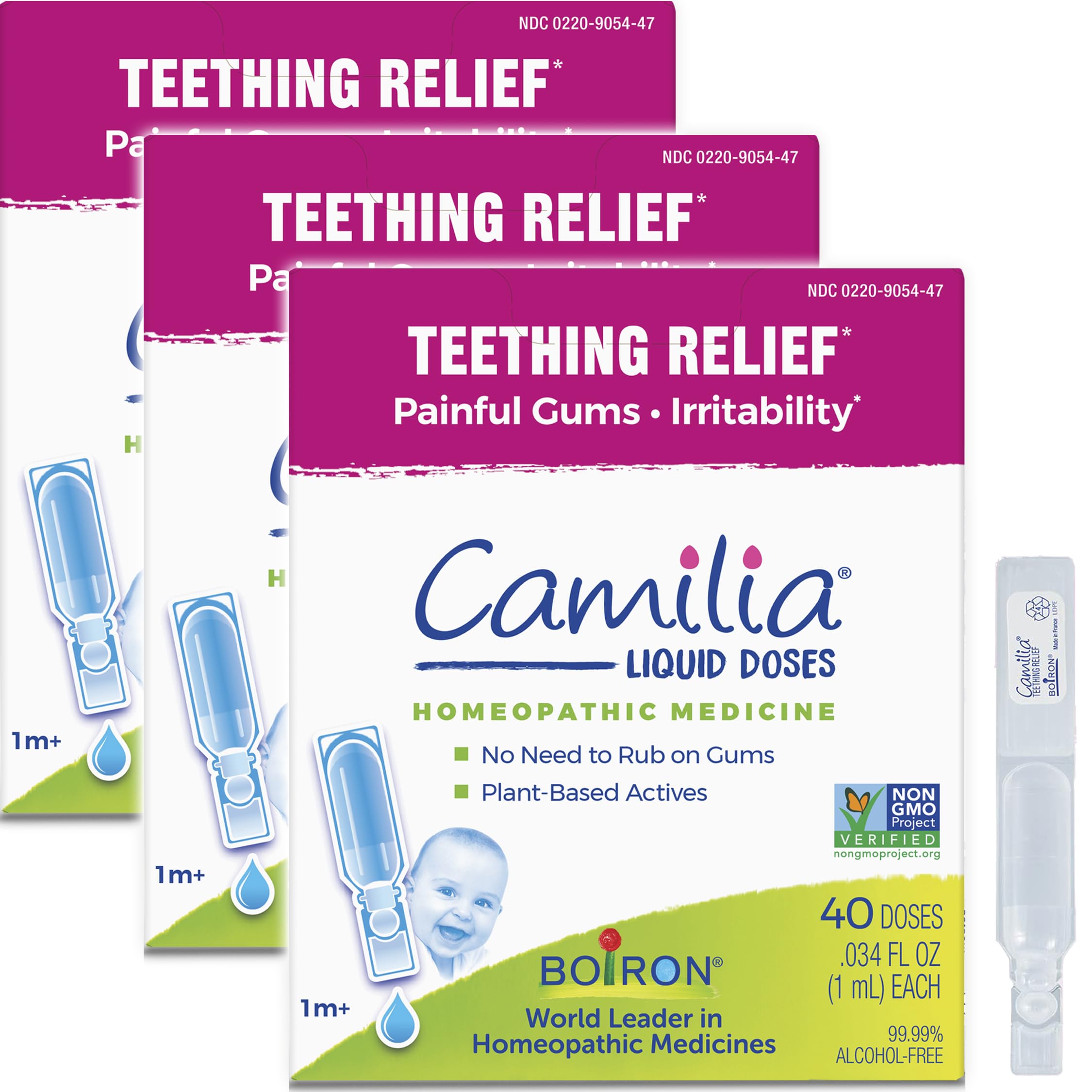 Boiron Camilia pack frontal mostrando tres frascos, práctico y portátil