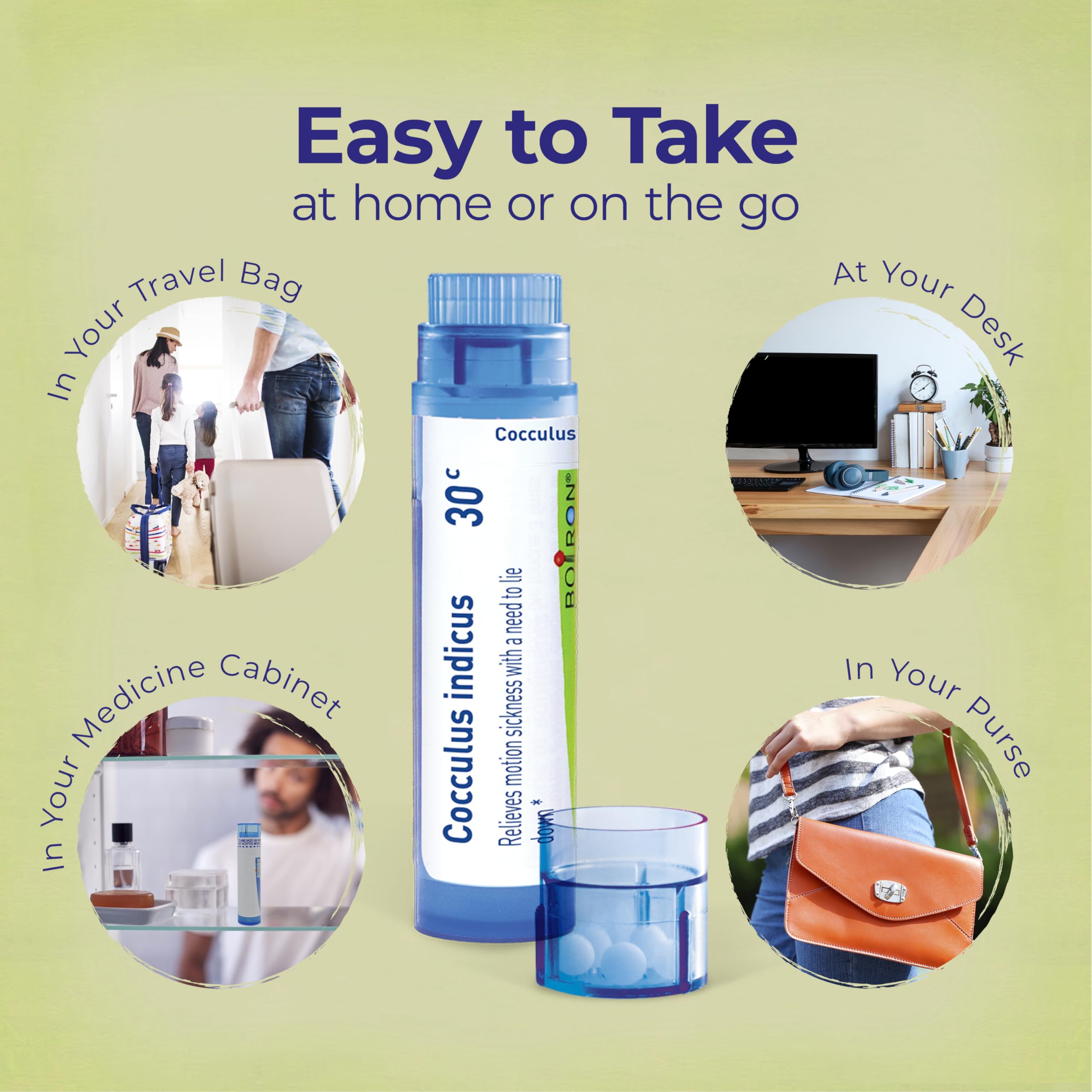 Boiron tubo junto a una mano para comparar tamaño y portabilidad