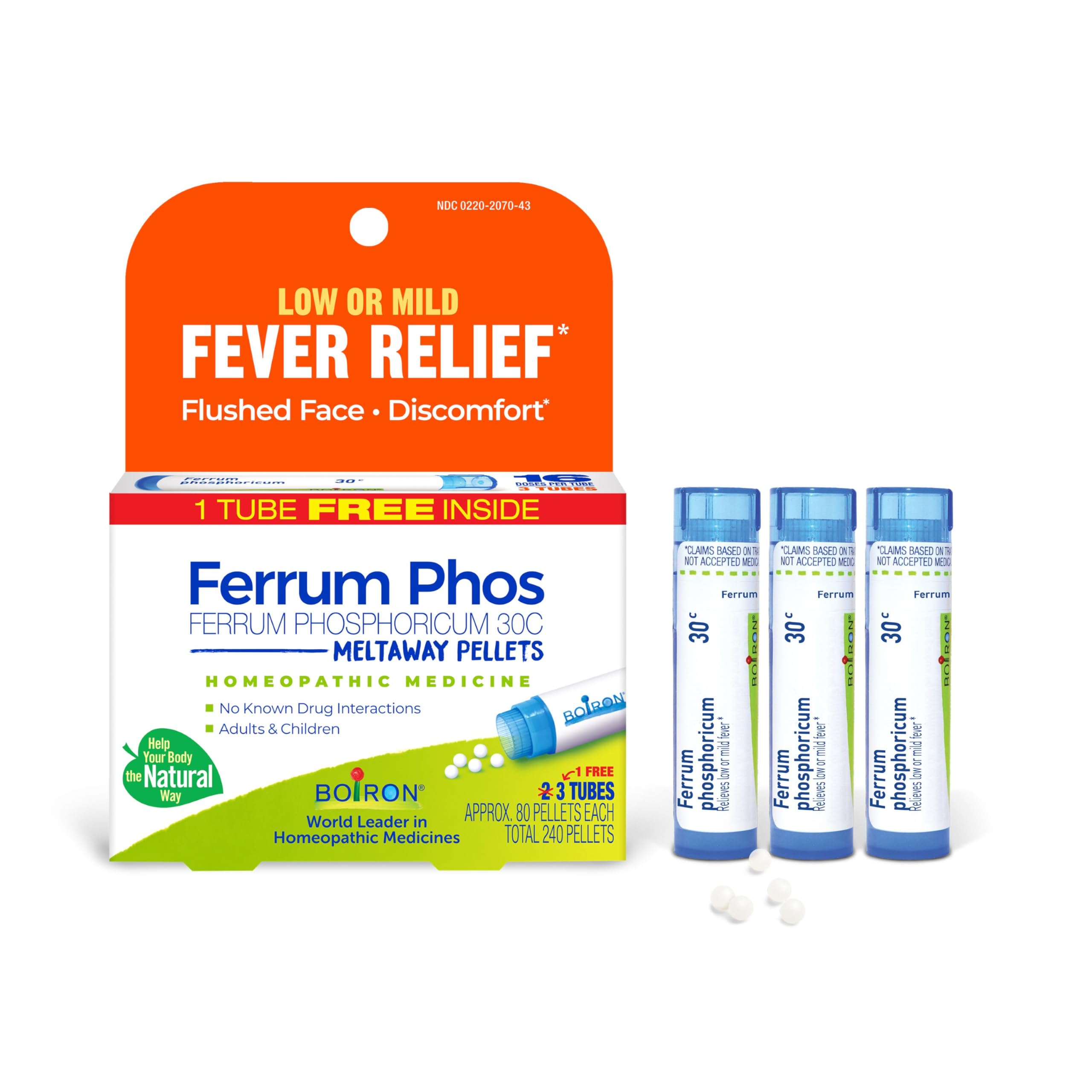 Boiron Ferrum Phosphoricum 30C frente del tubo, reconocimiento rápido y portabilidad