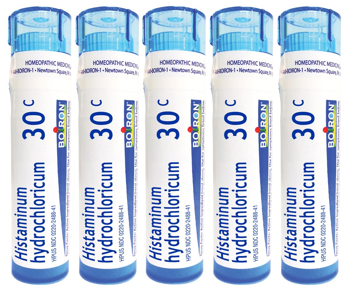 Boiron Histaminum Hydrochloricum frasco frontal con etiqueta clara, marca Boiron y facilidad de transporte