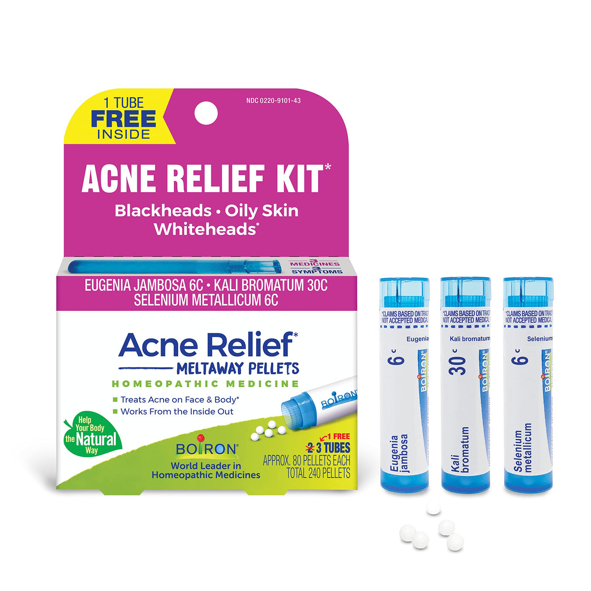 Boiron kit acne frontal mostrando los tres tubos y beneficio práctico