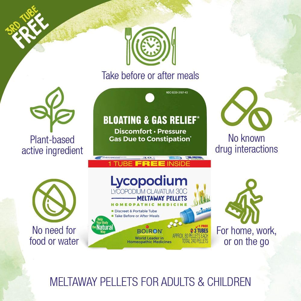 Tubo Boiron Lycopodium abierto dispensando pellets para toma rápida
