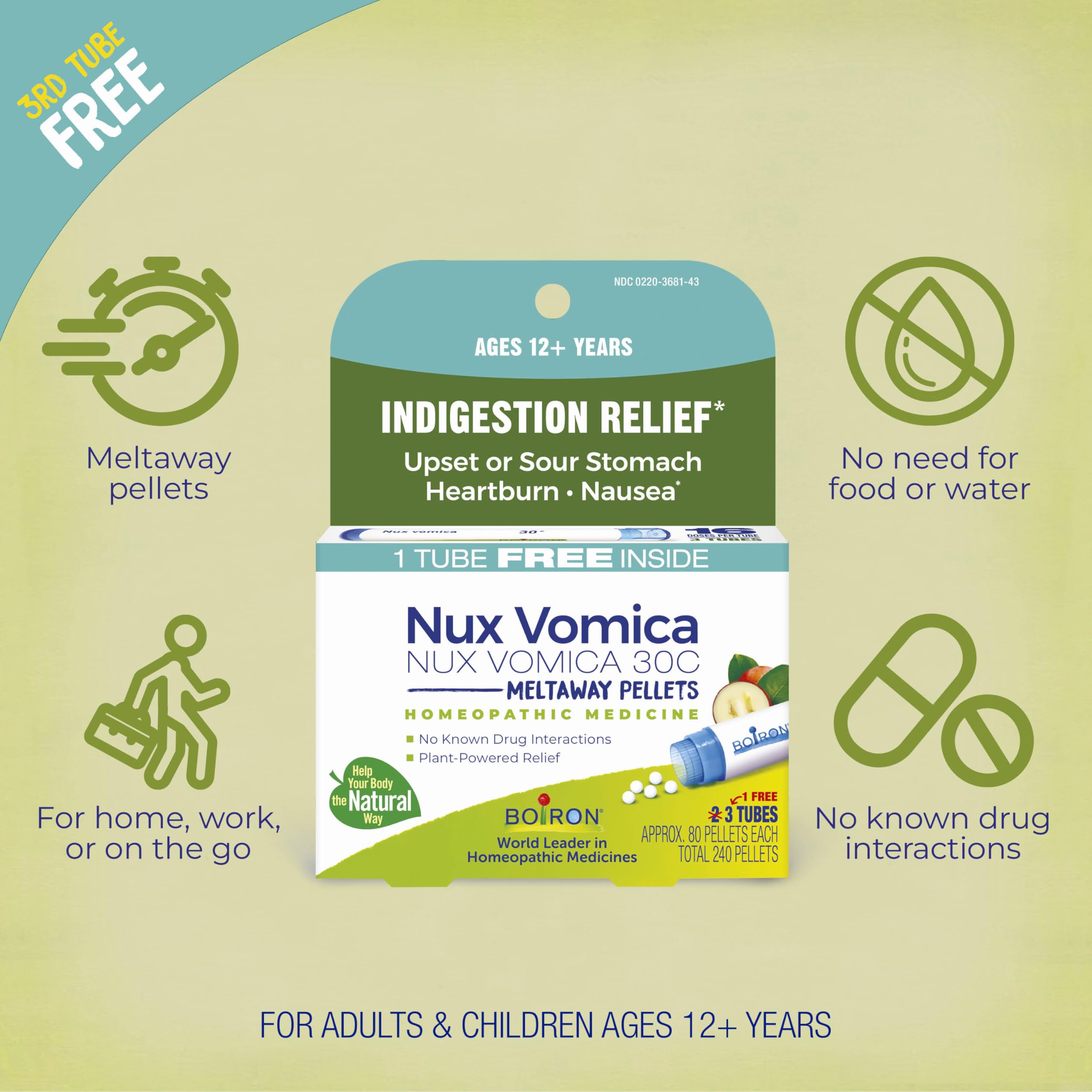 Boiron Nux Vomica pellets vista cercana que muestra textura y rápida disolución