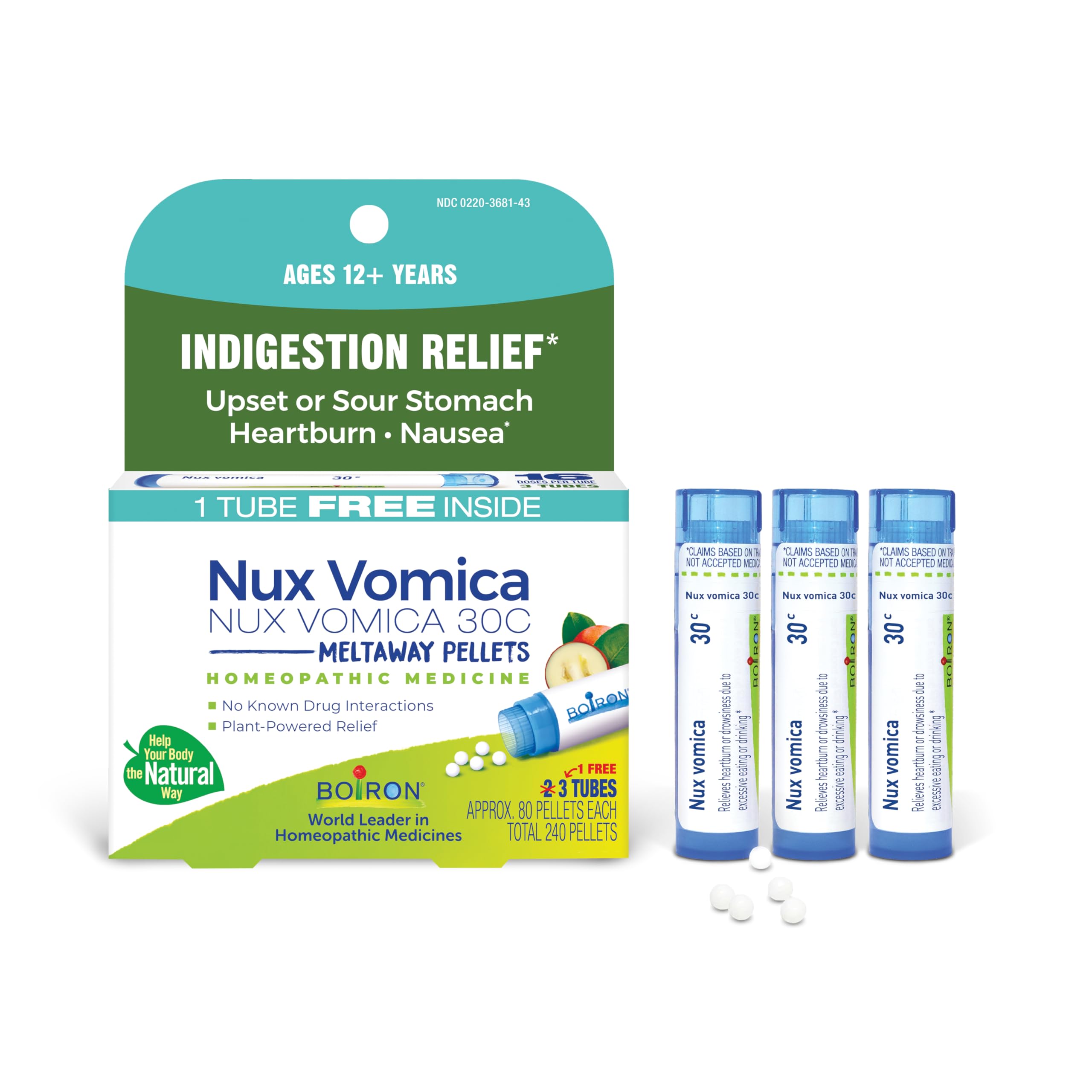 Boiron Nux Vomica frontal, envase claro para identificar producto y beneficios