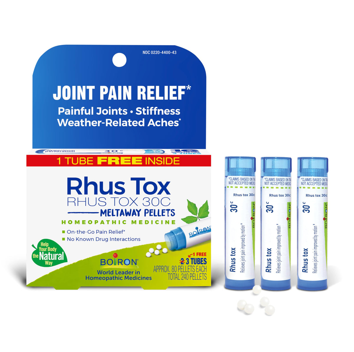 Boiron Rhus Tox frente del tubo mostrando diseño y beneficio portátil