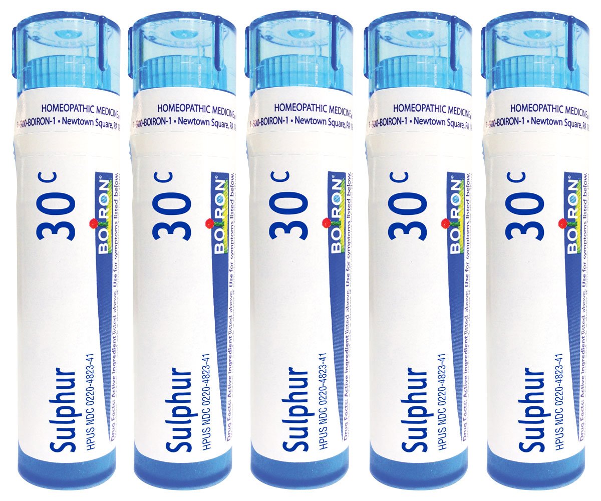 Boiron Sulphur 30C frente del paquete mostrando los cinco tubos y beneficios portátiles