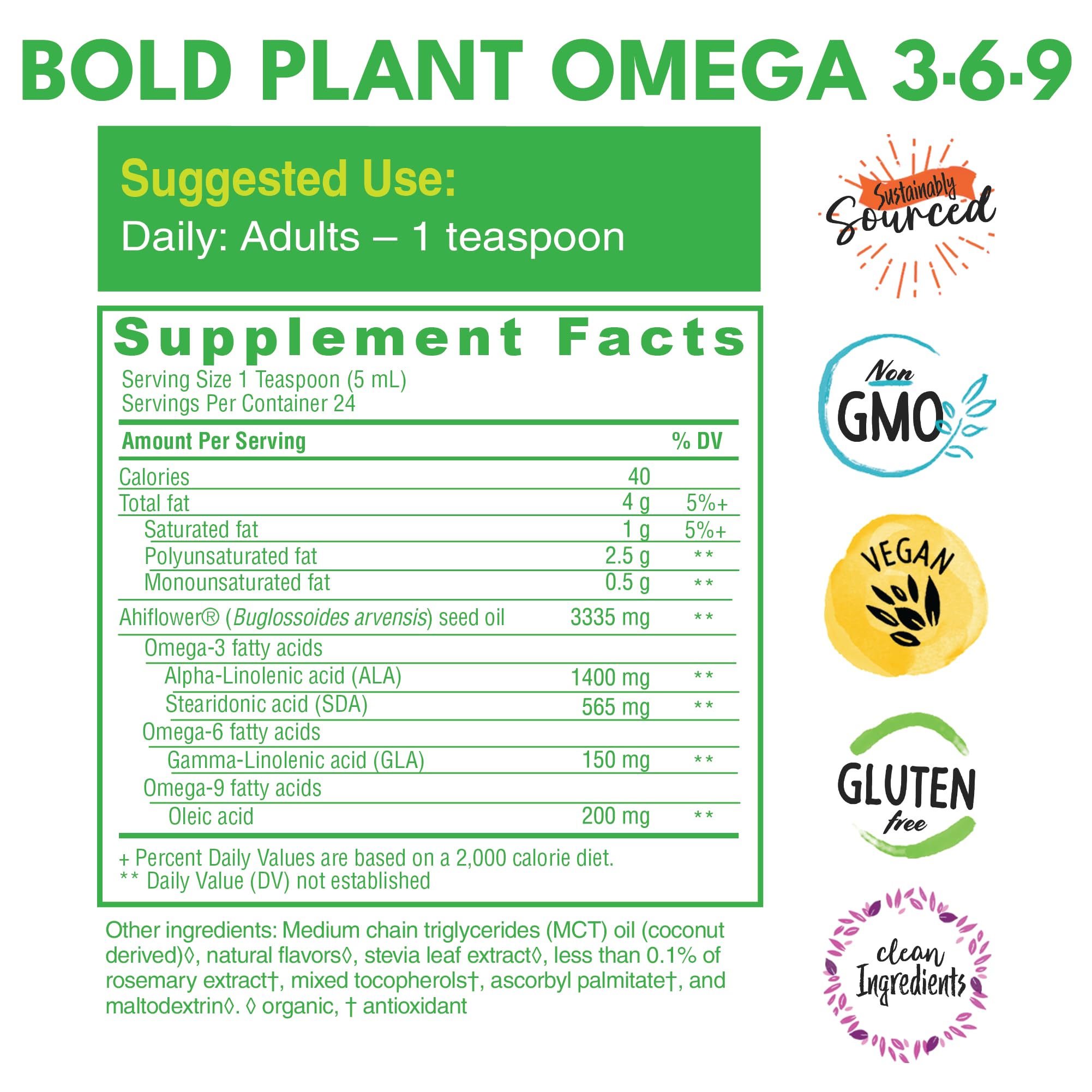 Bold Botanica etiqueta con datos nutricionales y certificaciones