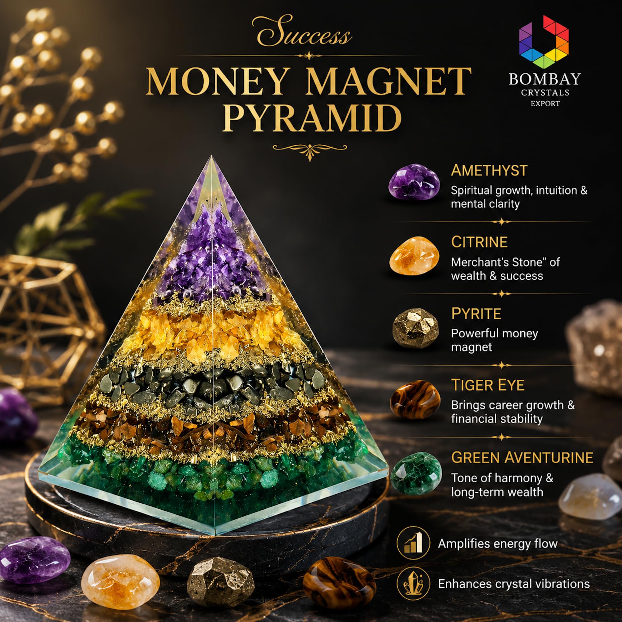BOMBAY CRYSTALS EXPORT pirámide en manos para mostrar escala y facilidad de uso