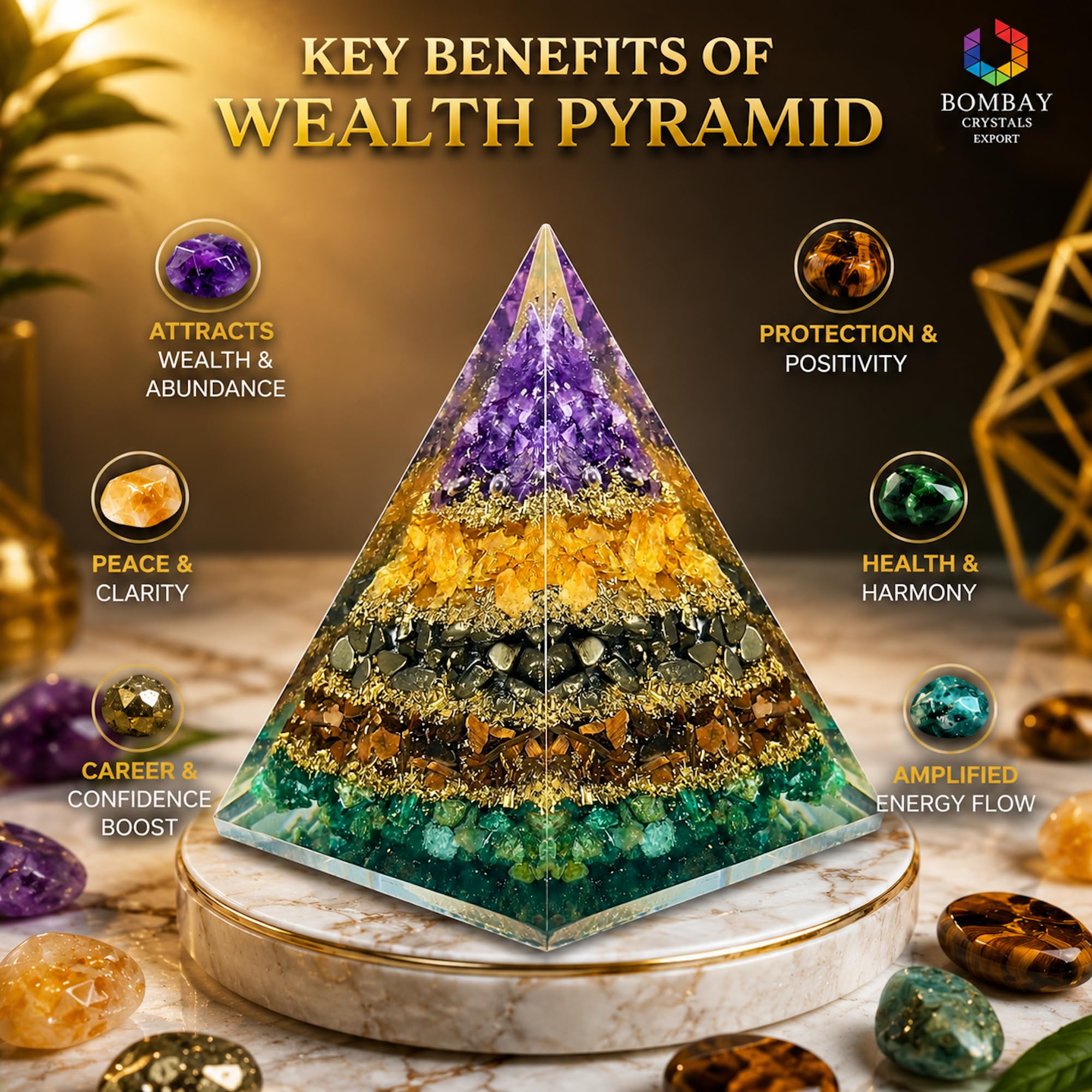 BOMBAY CRYSTALS EXPORT pirámide colocada en un altar para meditación y enfoque energético