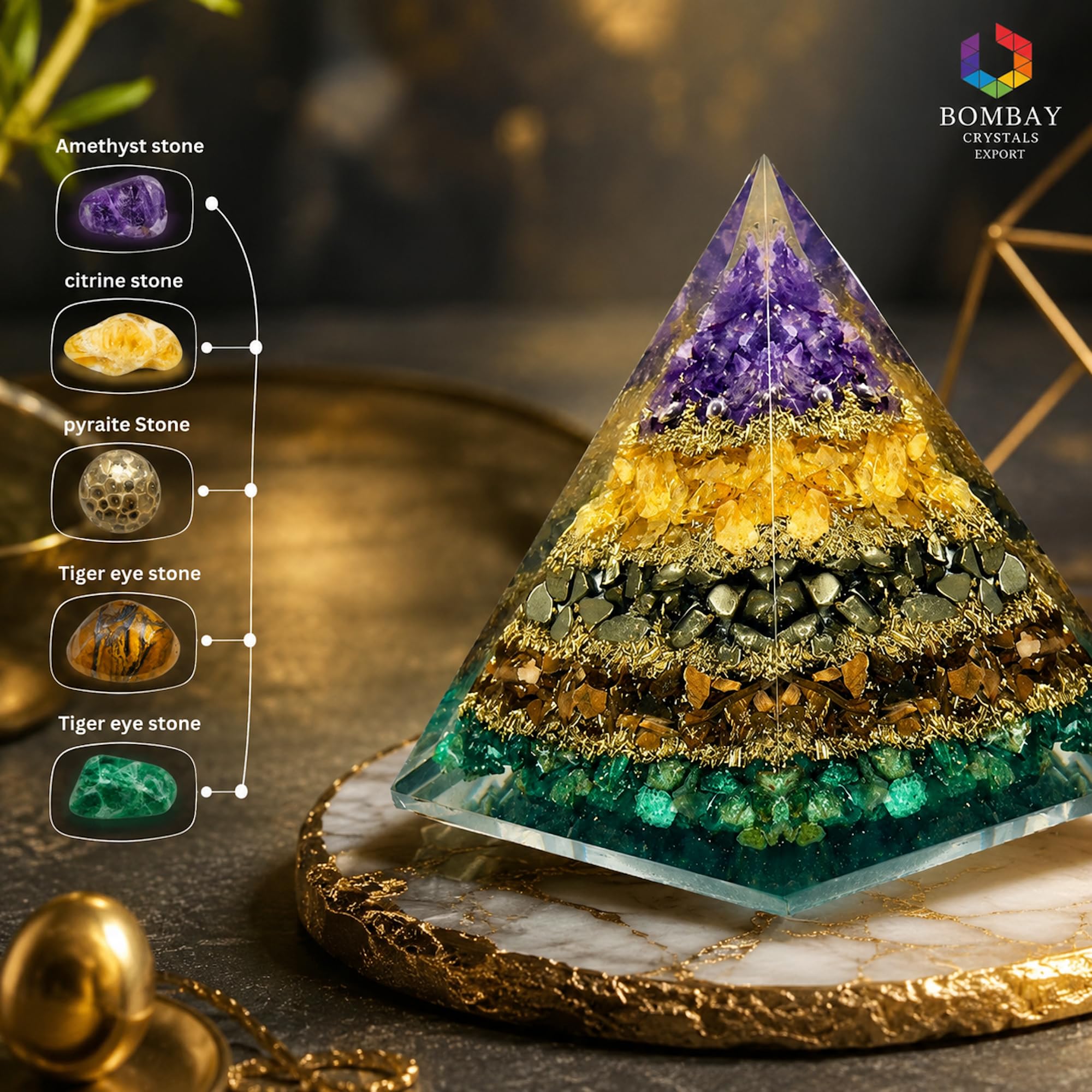 BOMBAY CRYSTALS EXPORT primer plano de textura y vetas de amatista y citrino que inspira calma