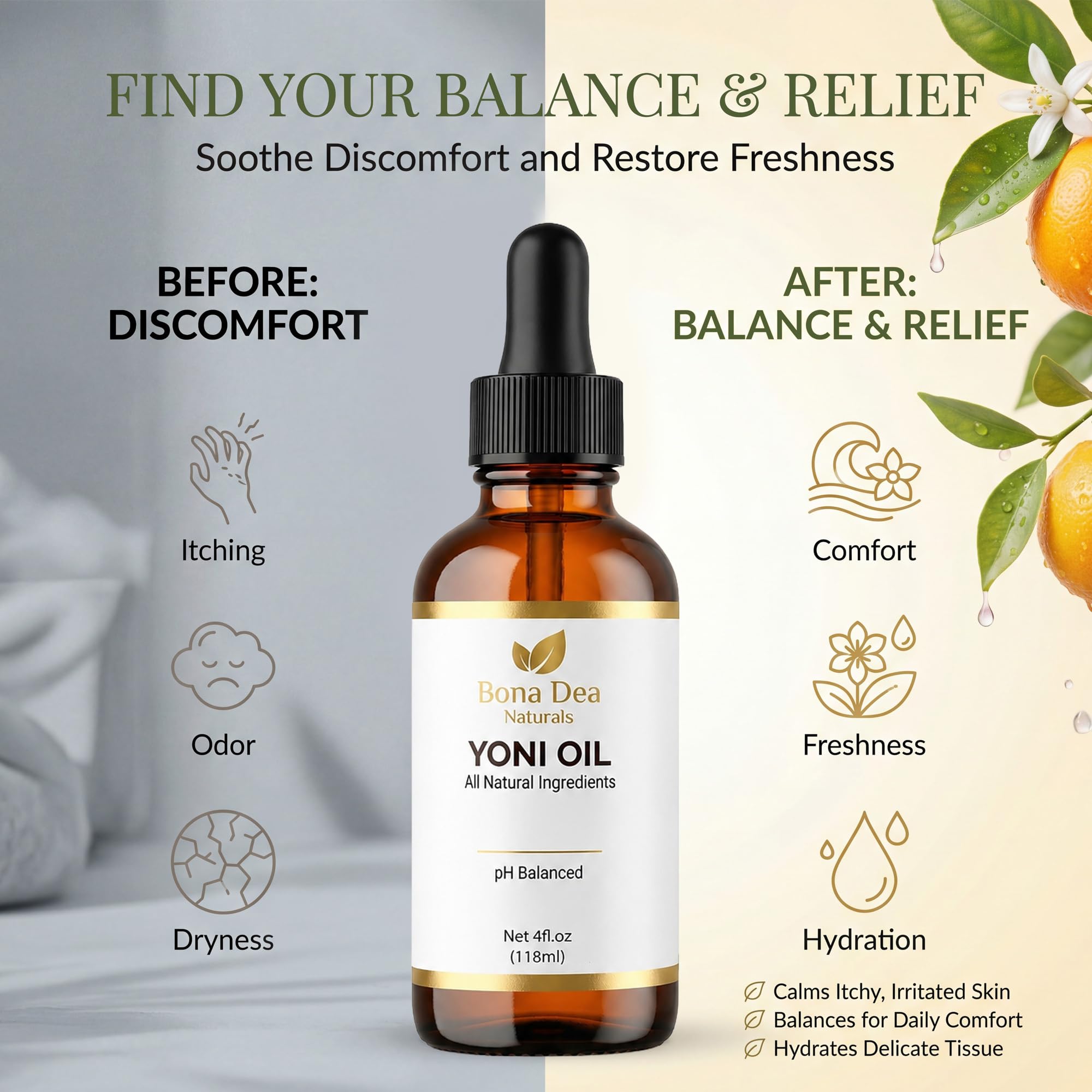 Bona Dea Naturals etiqueta con lista de ingredientes botánicos clara