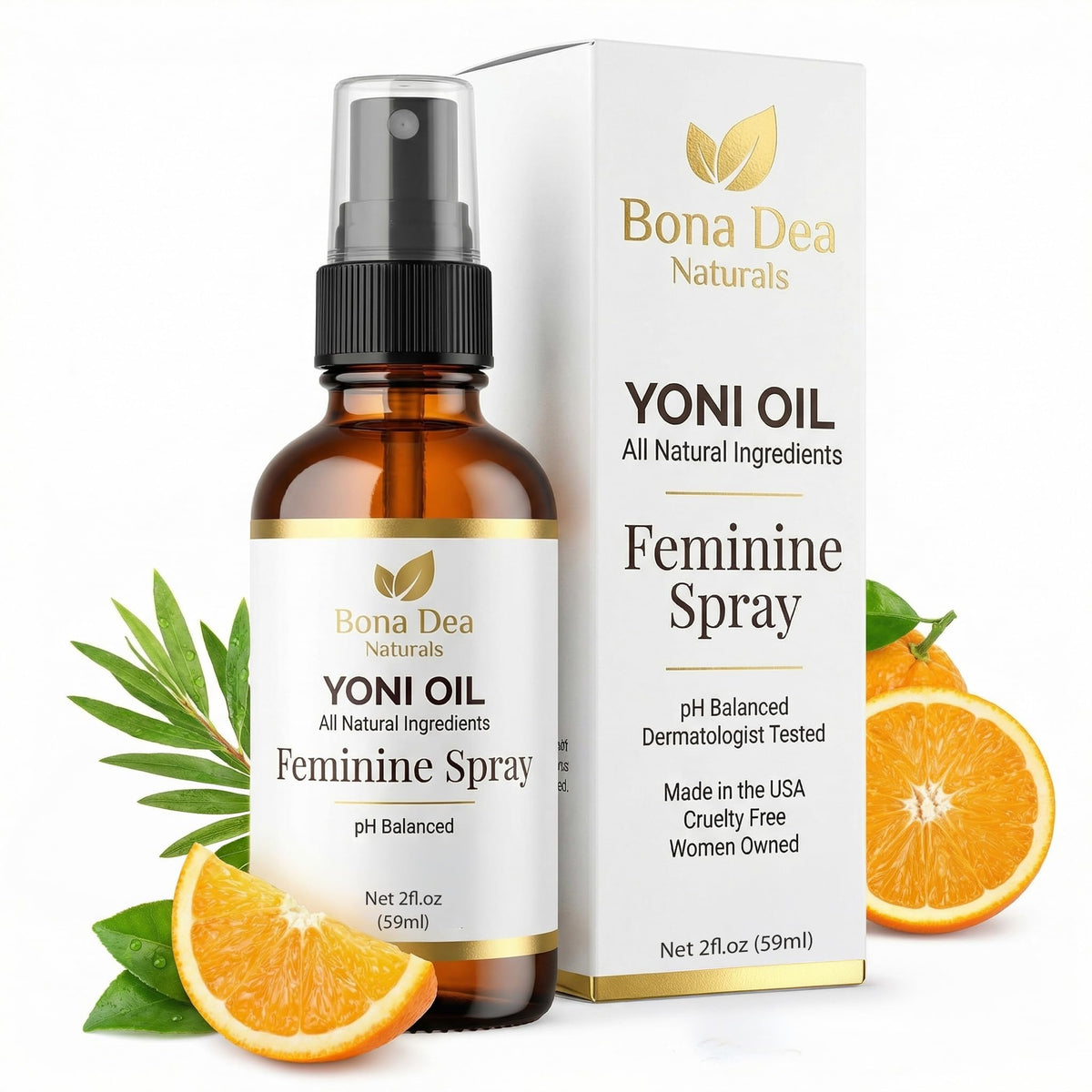 Bona Dea Naturals envase frontal mostrando diseño y tamaño portátil