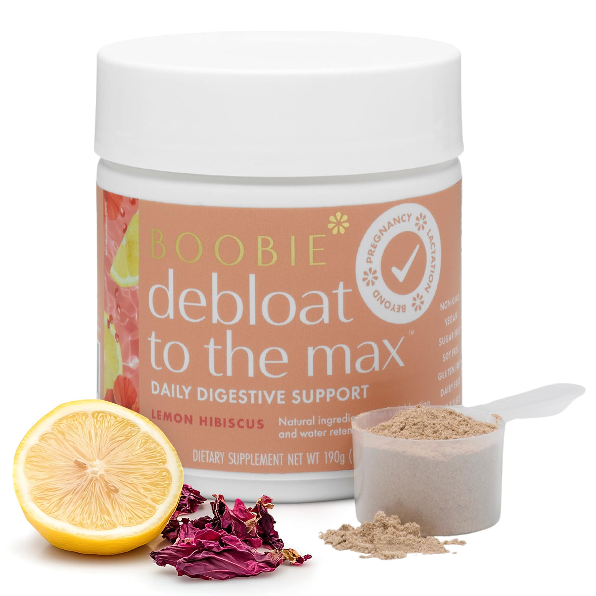 Boobie Brands envase frontal mostrando sabor limón hibisco y beneficio rápido