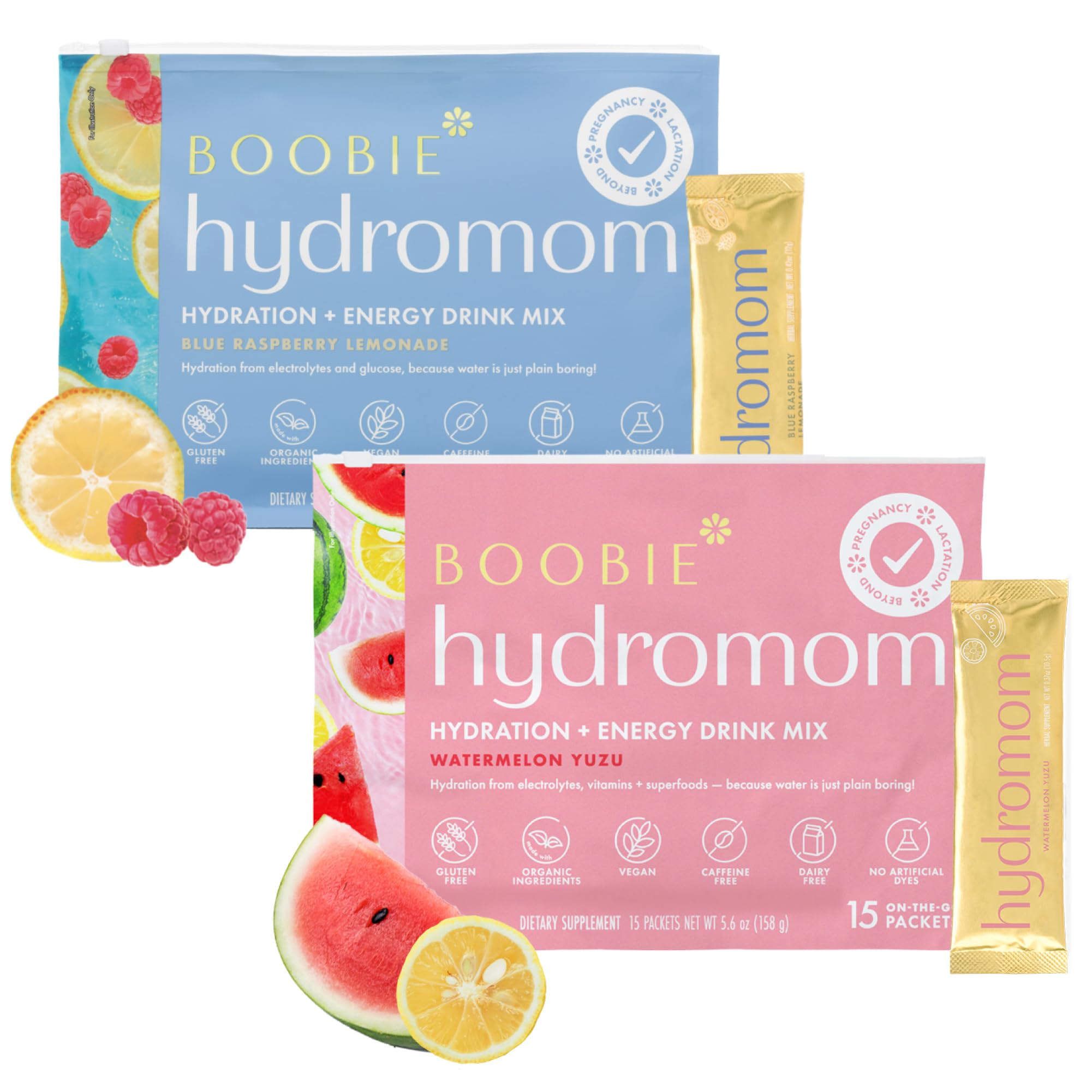 Boobie Brands empaque frontal mostrando sabores y beneficios para hidratación