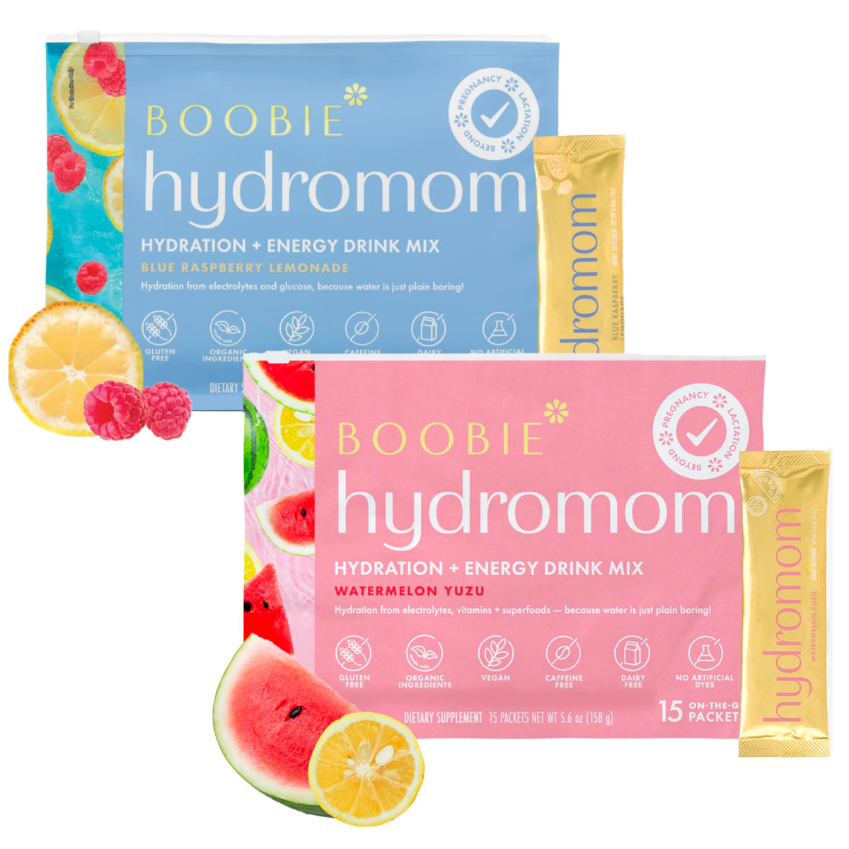 Boobie Brands empaque frontal mostrando sabores y beneficios para hidratación