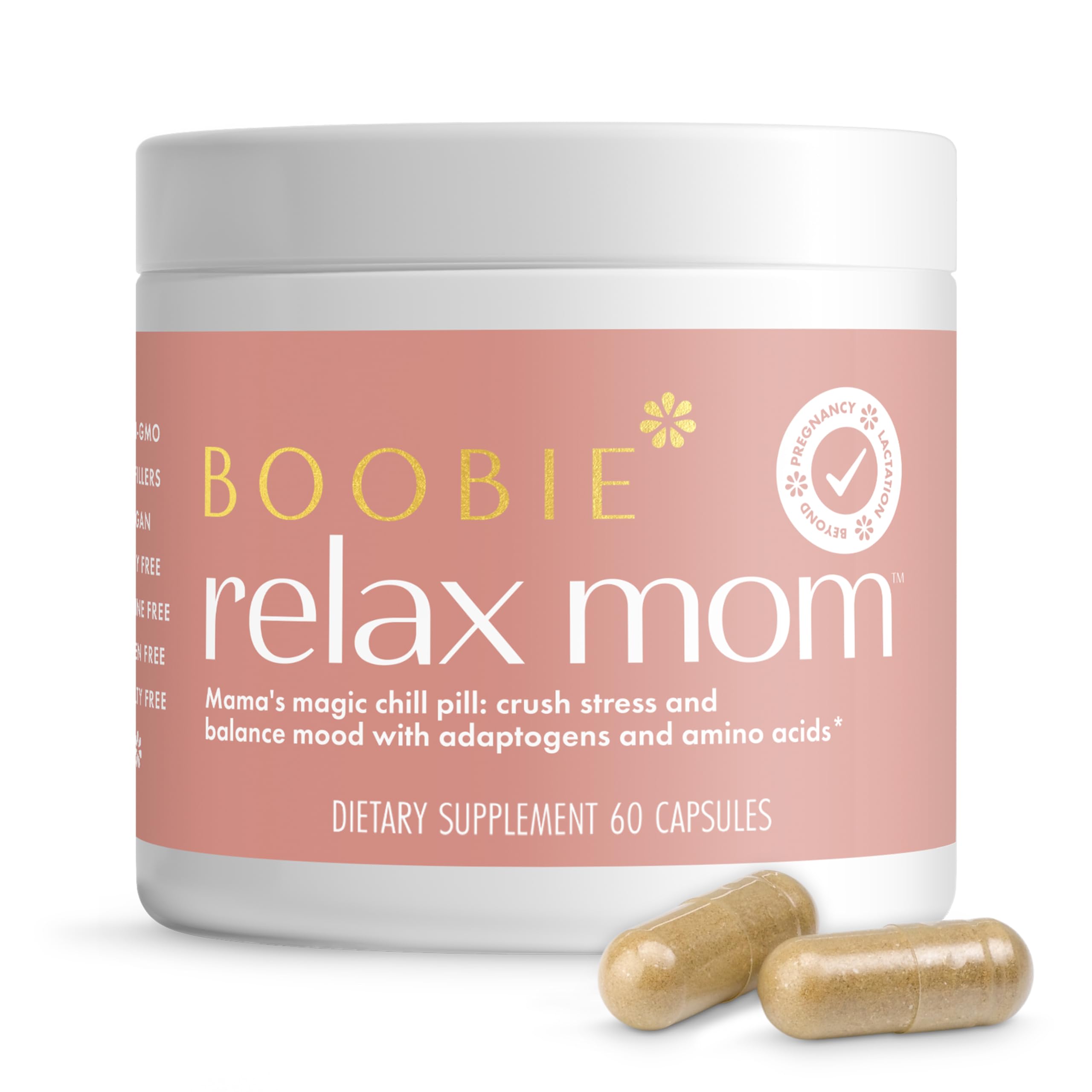 Boobie Brands envase delantero mostrando 60 cápsulas y propósito calmante