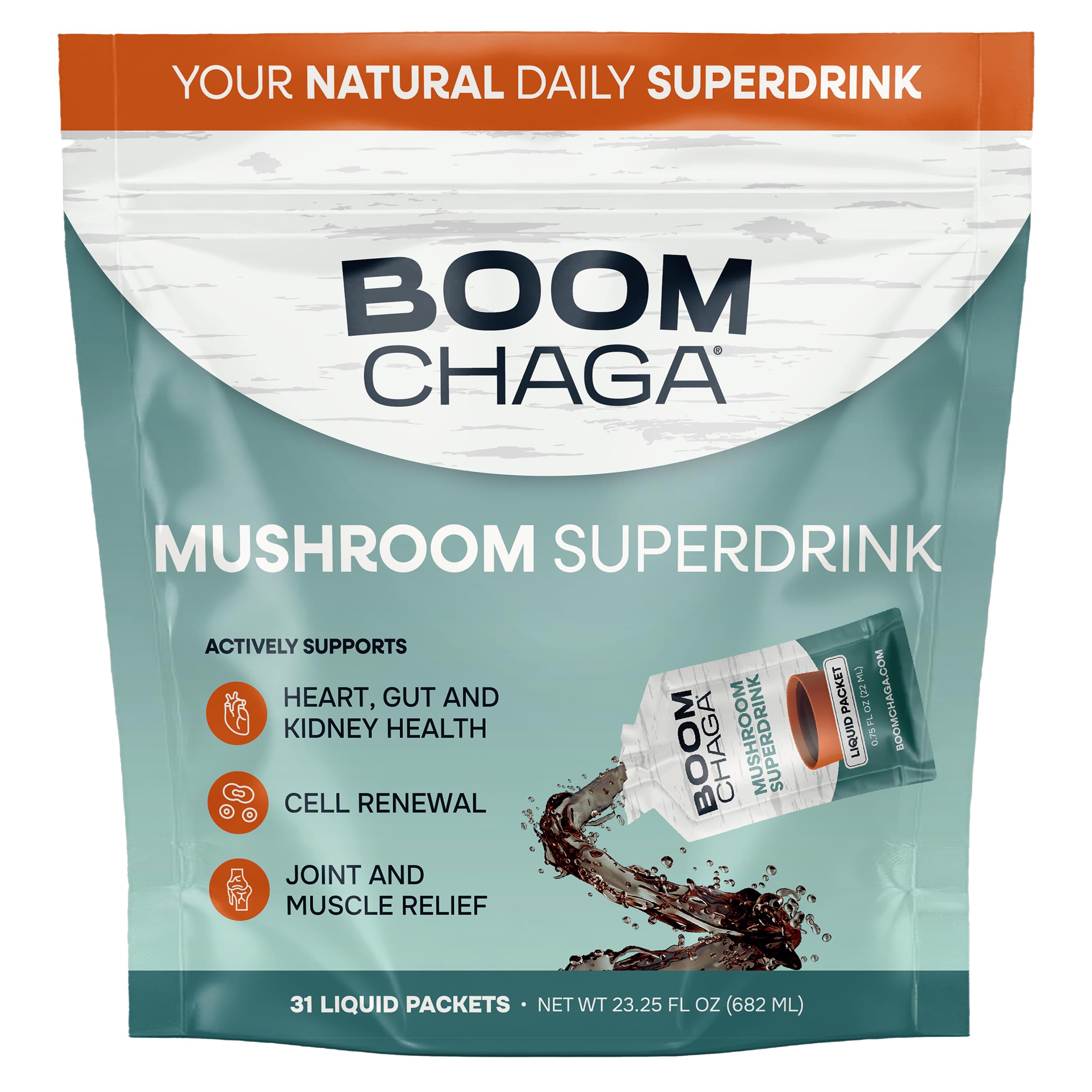 BOOM Chaga frente del empaque mostrando sobres y beneficios prácticos