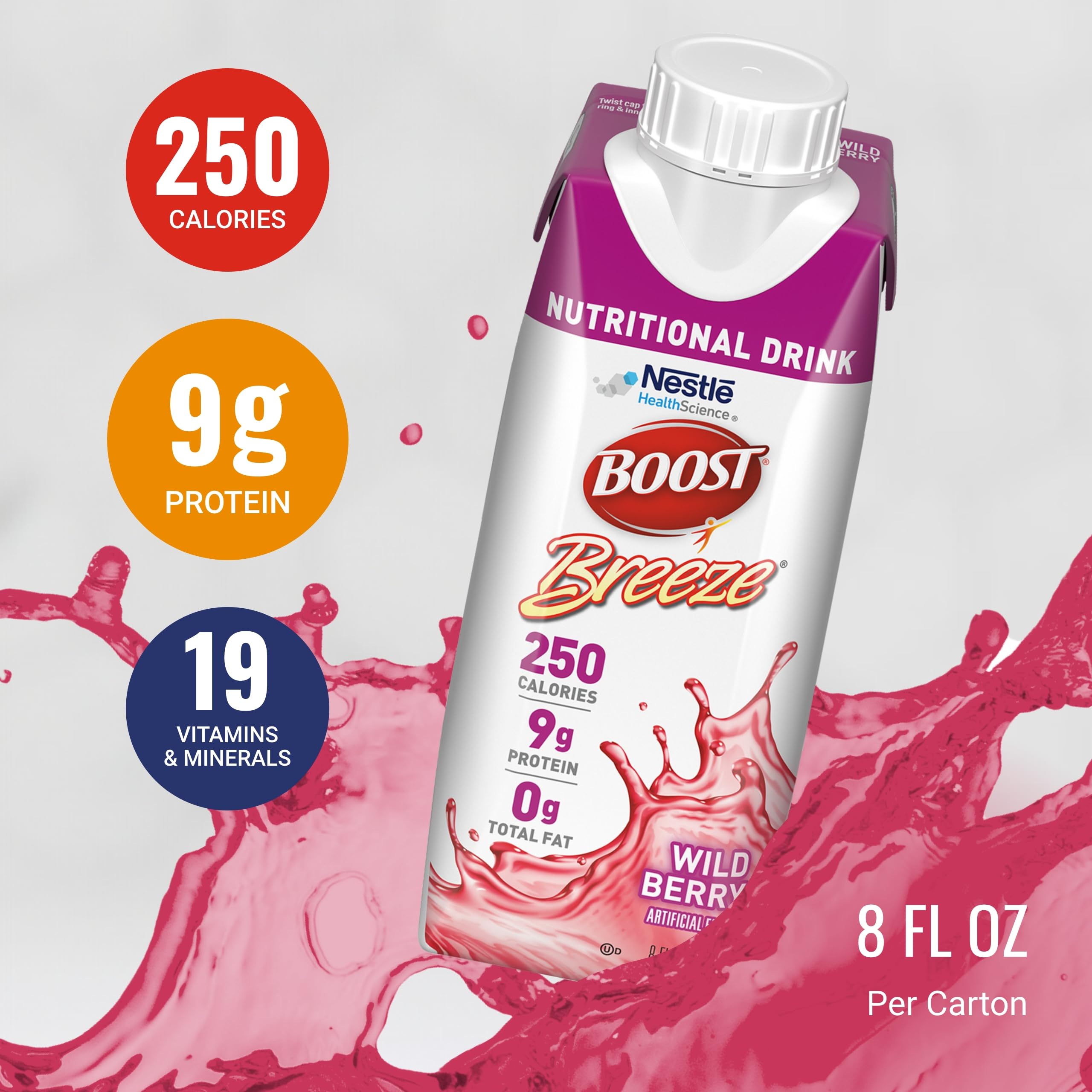 BOOST Breeze etiqueta con lista de 19 vitaminas y minerales visibles