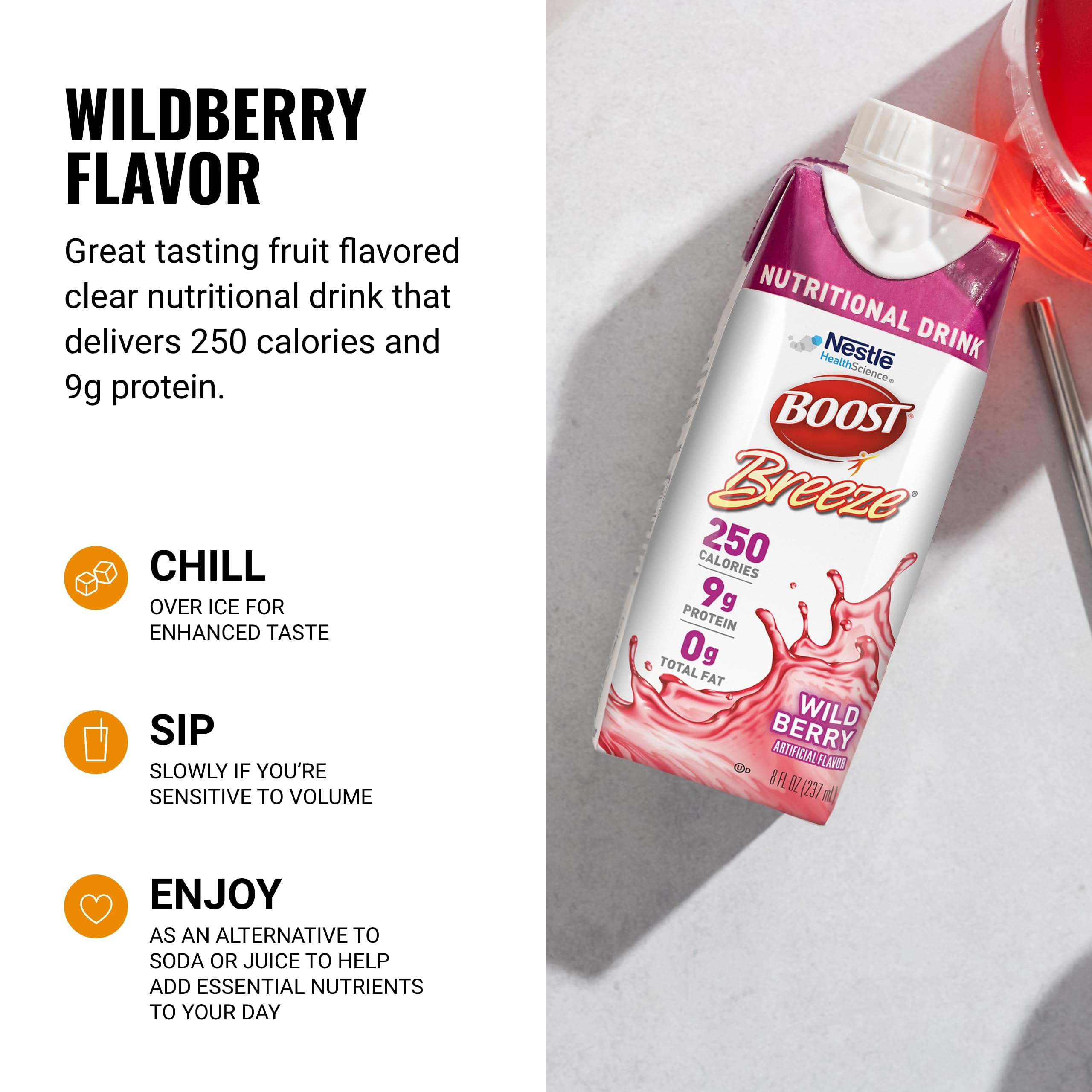BOOST Breeze servido en vaso frío, sabor a baya silvestre apetecible