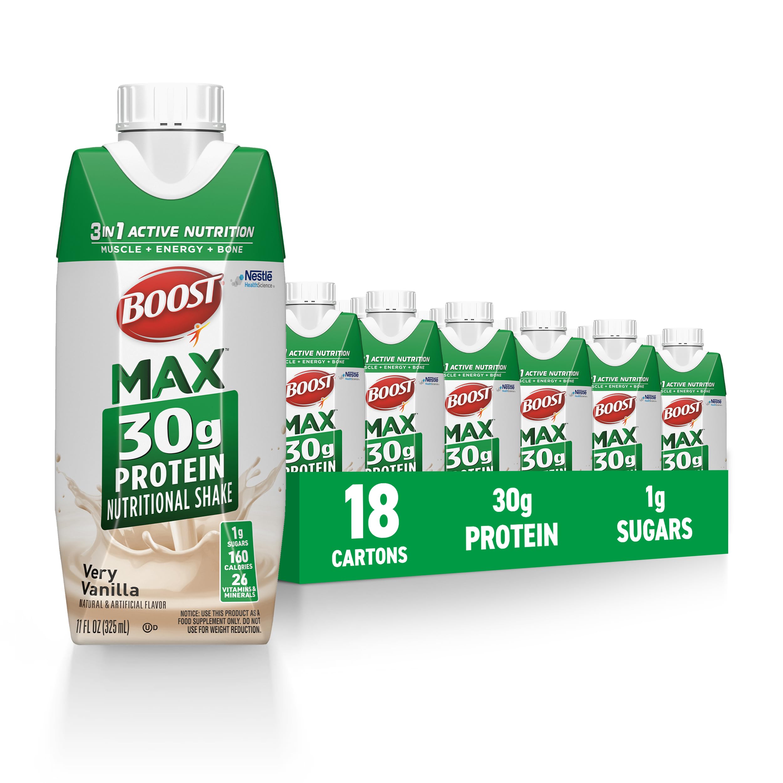 BOOST envase BOOST MAX vainilla vista frontal, cómodo y nutritivo