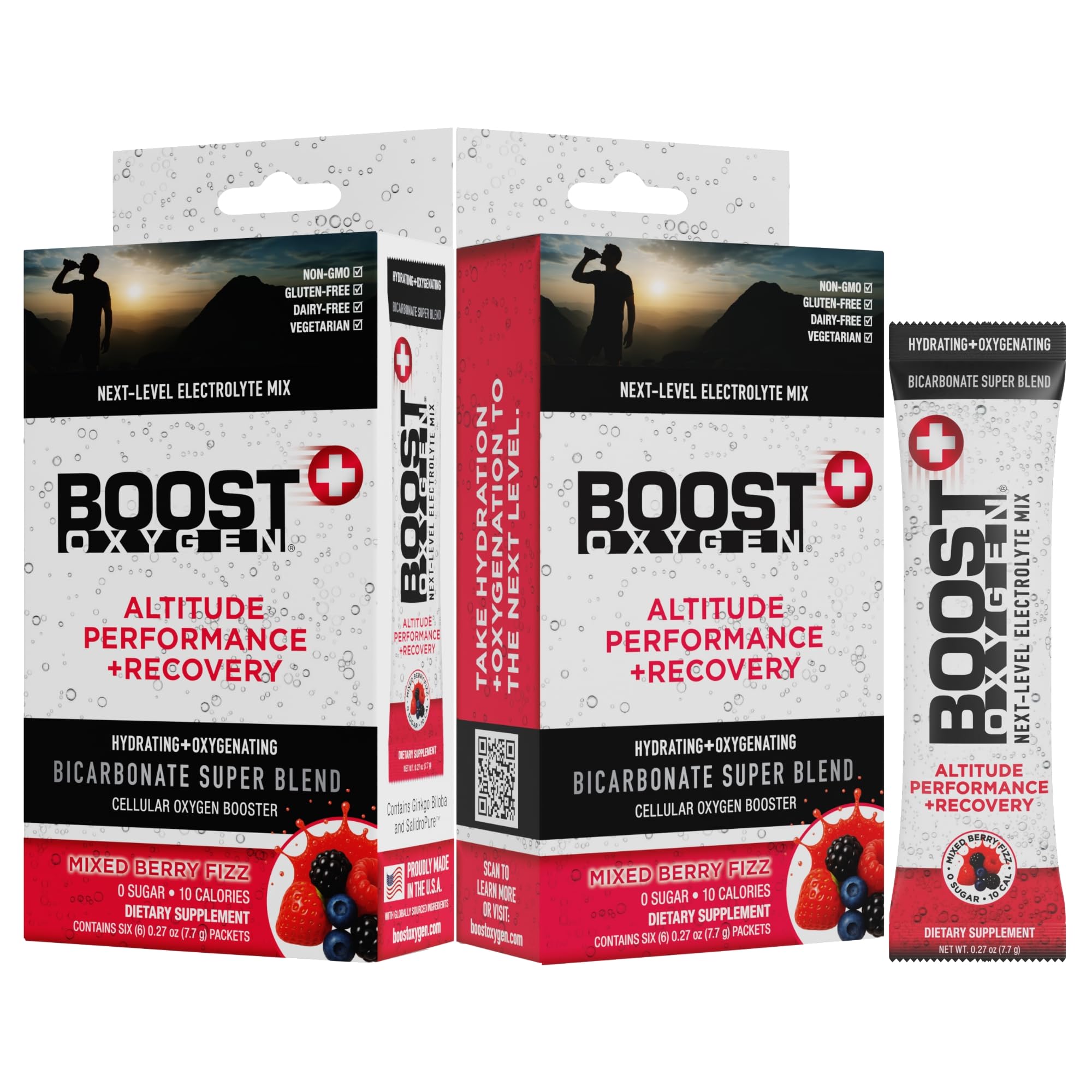 Boost Oxygen frente del paquete Mixed Berry que muestra presentación útil