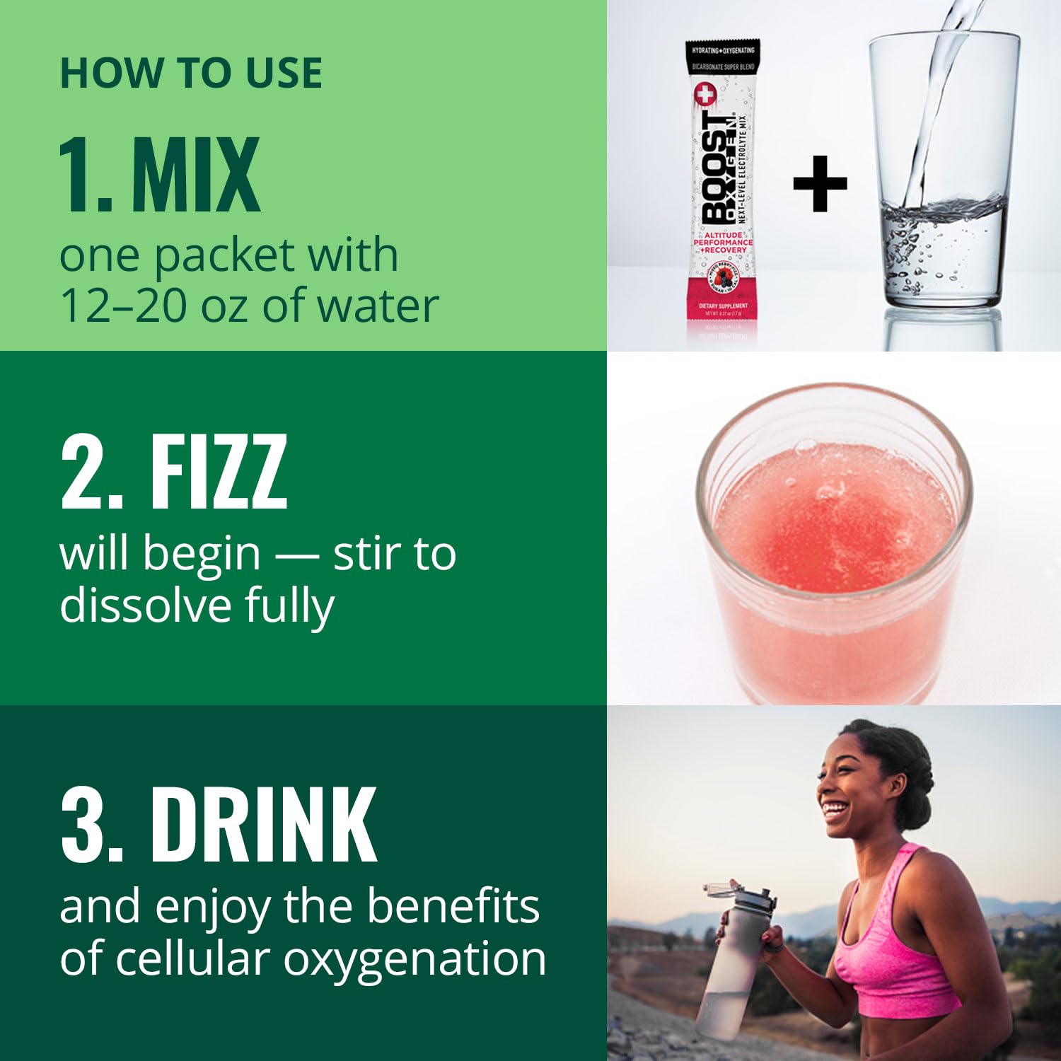 Boost Oxygen uso durante ejercicio, rehidratación en actividad física