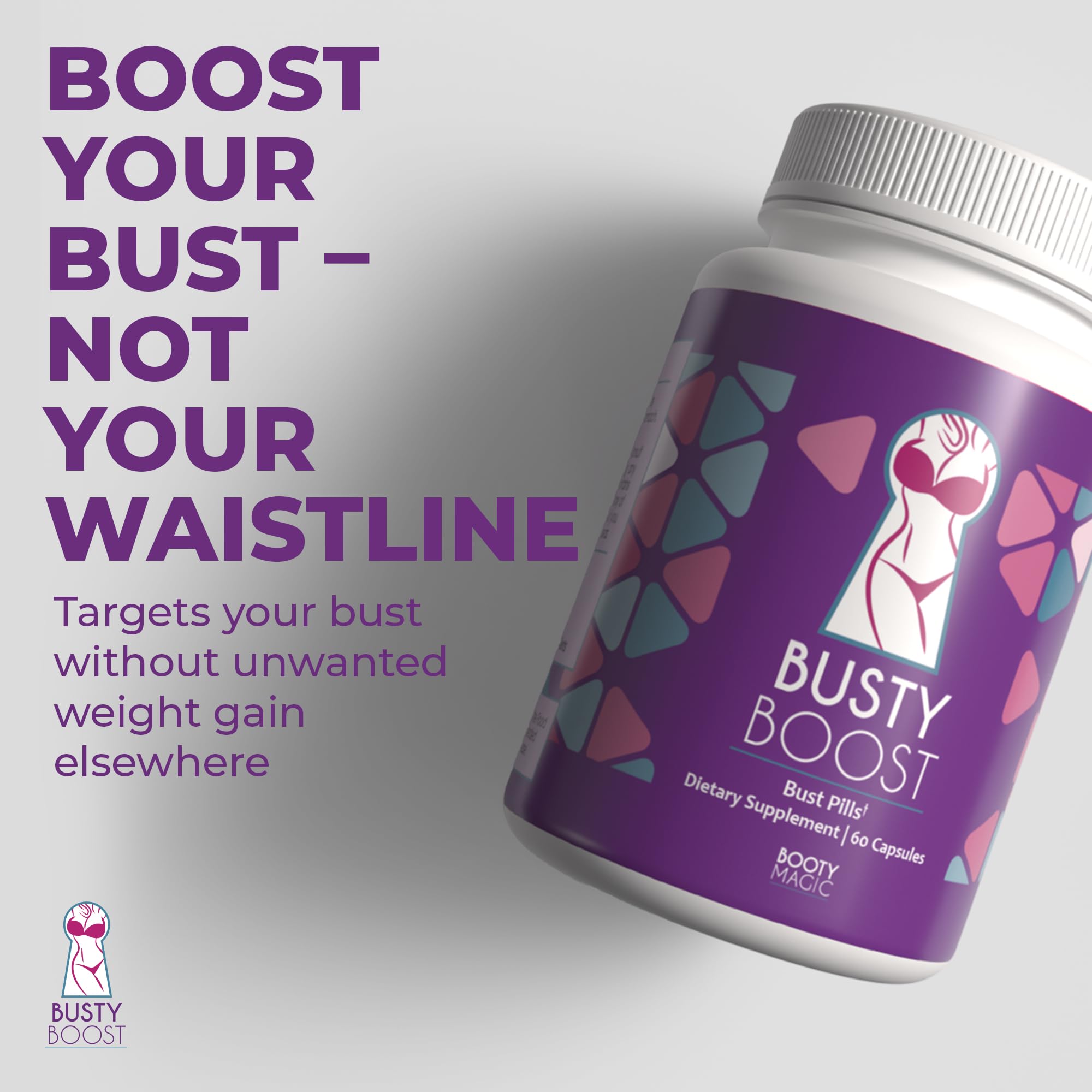 Booty Magic etiqueta de Busty Boost detalle de ingredientes y certificaciones