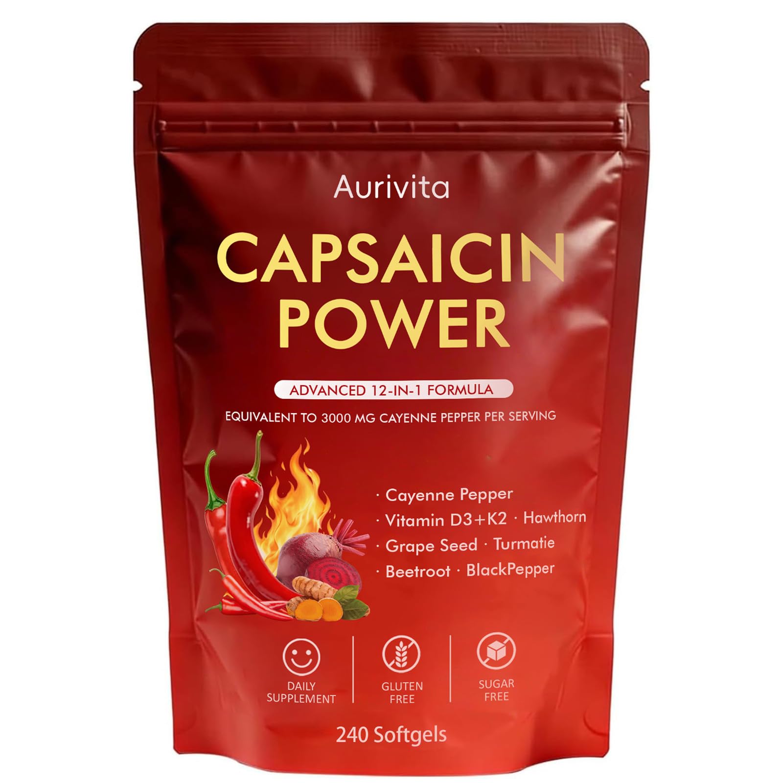 Boranel Aurivita Capsaicin Power envase frontal mostrando 240 cápsulas y beneficios