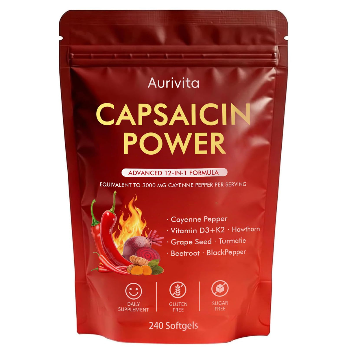 Boranel Aurivita Capsaicin Power envase frontal mostrando 240 cápsulas y beneficios