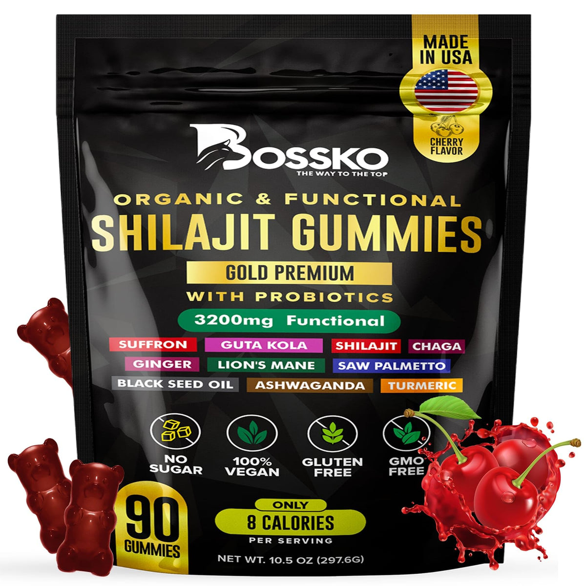 BOSSKO envase frontal de gomitas Shilajit, presentación clara y beneficios prácticos