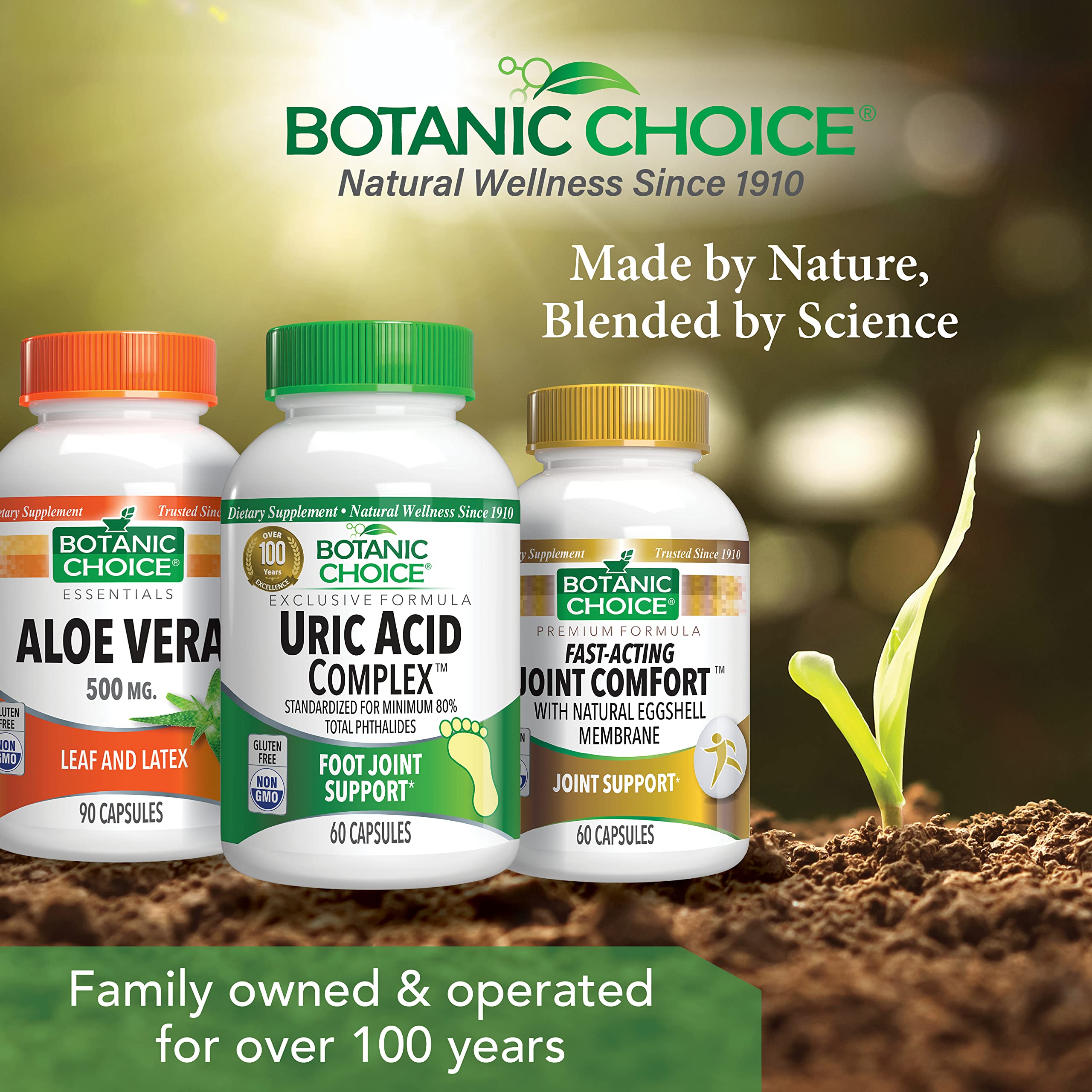 Botanic Choice botella abierta con cápsulas sobre mesa destacando presentación de 60 unidades
