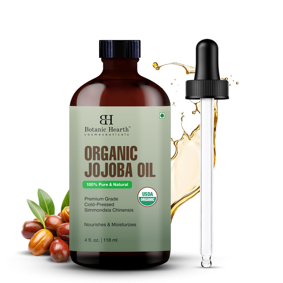 Botanic Hearth frasco delantero mostrando aceite de jojoba, hidratación pura