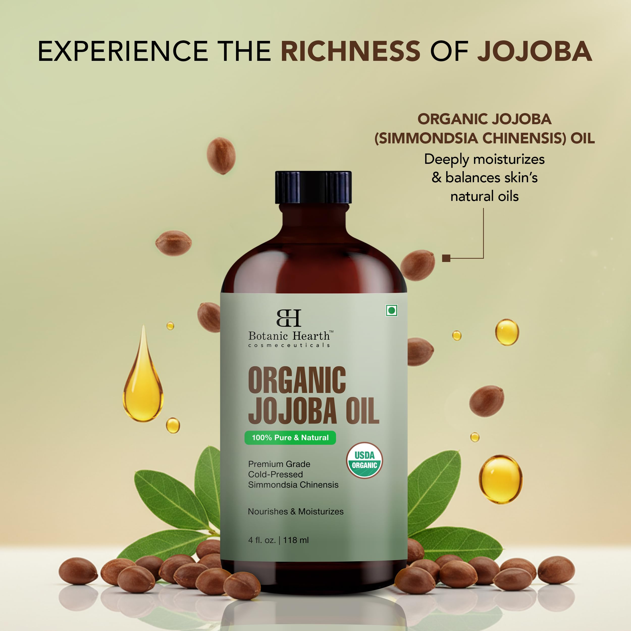 Botanic Hearth gota de aceite de jojoba en piel, textura ligera y absorbente
