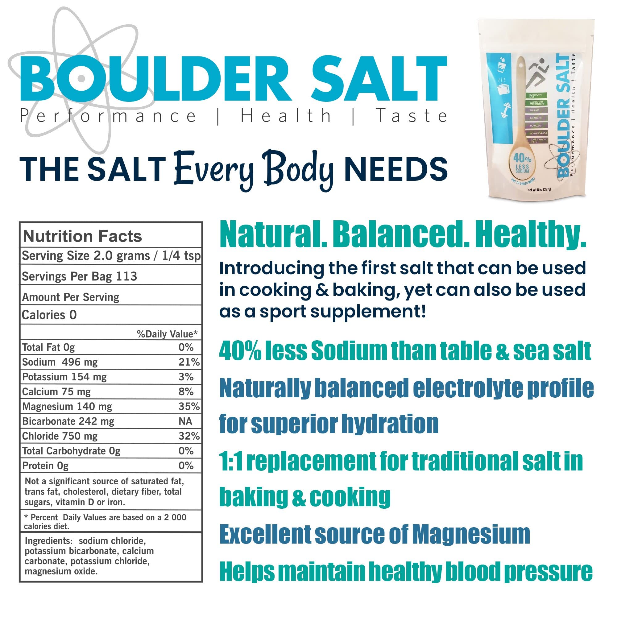Boulder Salt comparación de tamaño del envase para referencia de porciones