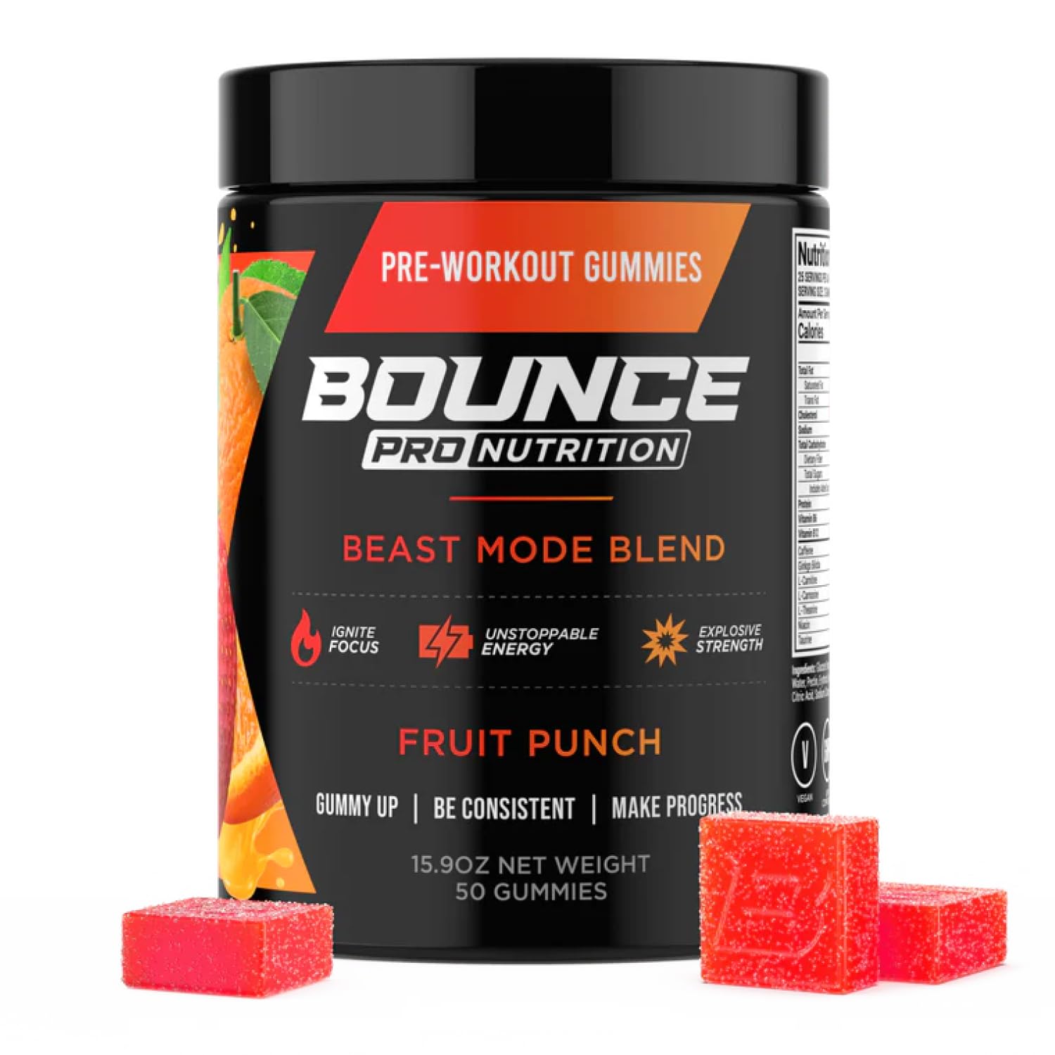 Bounce Pro empaque frontal mostrando sabor Fruit Punch y 50 unidades