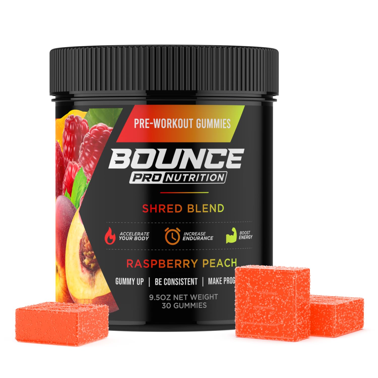 Bounce Pro frente del envase mostrando el sabor frambuesa durazno y conveniencia