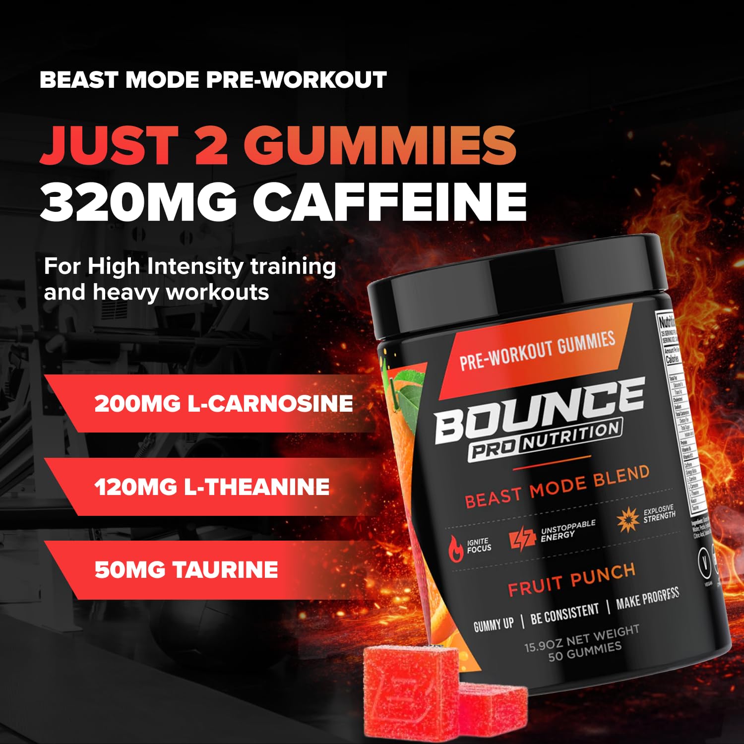 Bounce Pro frasco abierto con gomitas listas para llevar al gimnasio
